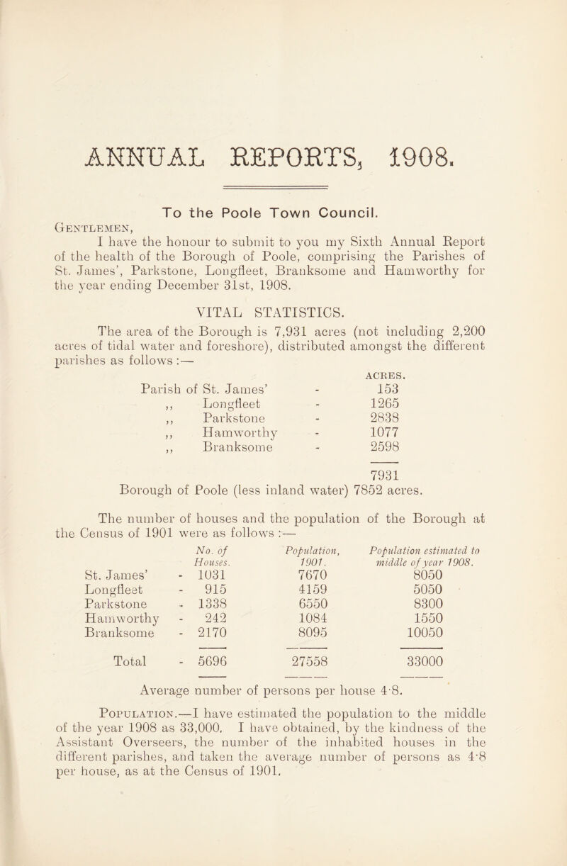 To the Poole Town Council. Gentlemen, I have the honour to submit to you my Sixth Annual Report of the health of the Borough of Poole, comprising the Parishes of St. James’, Parkstone, Longfleet, Branksome and Hamworthy for the year ending December 31st, 1908. VITAL STATISTICS. The area of the Borough is 7,931 acres (not including 2,200 acres of tidal water and foreshore), distributed amongst the different parishes as follows : — Parish of St. James’ ACRES. 153 ,, Longfleet - 1265 ,, Parkstone - 2838 ,, Ham worthy - 1077 ,, Branksome - 2598 7931 Borough of Poole (less inland water) 7852 acres. The number of houses and the population of the Borough at the Census of 1901 were as follows No. of Population, Population estimated to Houses. 1901. middle of year 1908. St. James’ - 1031 7670 8050 Longfleet - 915 4159 5050 Parkstone - 1338 6550 8300 Ham worthy - 242 1084 1550 Branksome - 2170 8095 10050 Total - 5696 27558 33000 Average number of persons per house 4-8. Population.—I have estimated the population to the middle of the year 1908 as 33,000, I have obtained, by the kindness of the Assistant Overseers, the number of the inhabited houses in the different parishes, and taken the average number of persons as 4’8 per house, as at the Census of 1901,