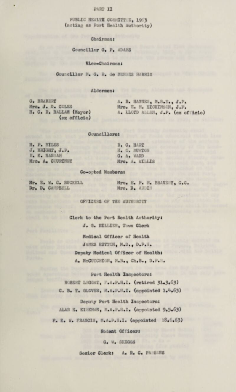 PAST II PC8U J BKAL'i'H CC ITT t, 19 3 (acting at Part Health Authority) Chairman! Councillor 3* P. A AMS ViceMI >«irar®» Councillor N» a. K. do HBtSSS RAMIS Aldermeni d. SSAVERT A* B. BATHES, J.P. Mrs. J. 0. COLES Mrs. E. M. UICXIN3C*, J.P. H. C. 8. BALLAM (Mayor) A. LLOYD A J.P. (ox of icio) (ex officio) C unci Horst M. P. BILES J. BRIGHT, J.P. R. K. HAH AM Mrs. A. CCCBTRSY 8. C, HART a. 0. MBRfCH a. A. M8D Mrs. a. iiI' Ho Ca-o ted Meaberst Mr. £• W. C. SUCKSLL Mrs. K. P. M. BRAVE Y, C.C. Or. D. CA PftE L Mrs. D. I or xc«5 s of ms Aurw «ra Clerk to the Po t Health Authority! J. 0. BXLLXE8, Town Clerk Medical Officer of Health JAMES HUTTCH, M.D., U.P. i. Oerruty Medical Officer of Healtht A. McCl XHI ?i, i .a.f Ch.B., O.r. . Po t Health Xnerectoret BOBEW L OGAX, .A.P.H.I. (retired 31«3«63) C. B. T. GLOVES, M.A.P..I. (anpointed 1.4.63) Denu y Port Health lacpMtorat ALAN K. KI KMiM, I.A., . .1. (a-nointed 9.%63) F. K. tf. FRANCIS, M.A.r.a.I. (appointed lS.6.63) Bo lent Offleeri a. V. SKE0G8 Sealer Clerkt A. H. C. PA & NS