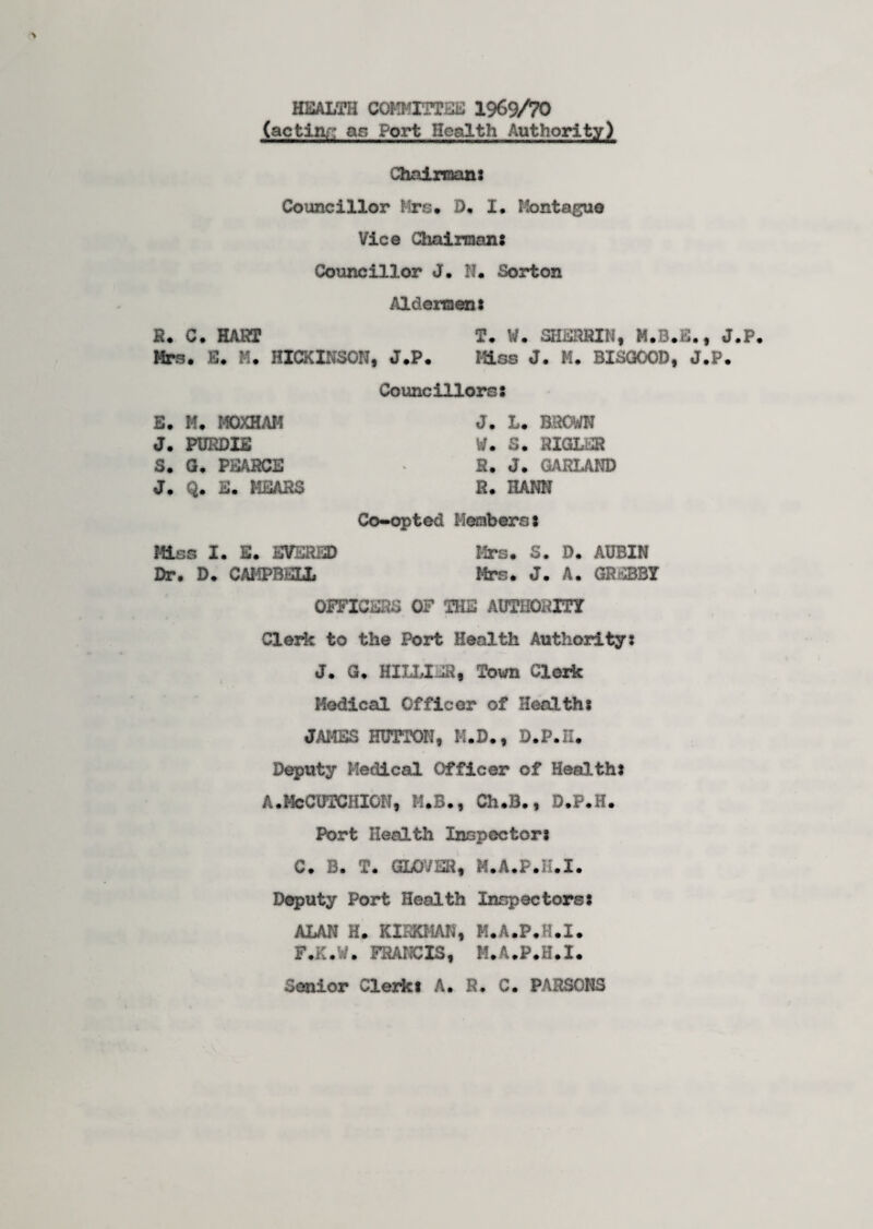 HEALTH COMMITTEE 1969/70 (acting; as Port Health Authority) Chairmans Councillor Mrs# D. I. Montague Vice Chairman: Councillor J. N. Sorton Aldermen: R. C. HART Mrs# E. M. HICKINSON, J.P. Councillors: T. W. SHERRIN, M.B.E., J. Kiss J. M# BISGOOD, J.P# E. M. MOXHAK J. PURDIE S. G# PEARCE J. Q. E. HEARS Miss I. E. EVERiD Dr. D. CM1PBSLL J. L. BROWN W. S. RIGLSR R. J. GARLAND R. HAM Co-opted Members: Mrs. S. D. AUBIN Mrs. J. A. GREBBY OFFICERS OF THE AUTHORITY Clerk to the Port Health Authority: J. G. HILLIJH, Town Clerk Medical Officer of Health: JAMES HUTTON, H.D., D.P.II. Deputy Medical Officer of Health: A•McCUTCHICN, M.B., Ch.B., D.P.H. Port Health Inspector: C. B. T. GLOVER, M.A.P.H.I. Deputy Port Health Inspectors: ALAN H. KIRKMAN, M.A.P.H.I. F.K.W. FRANCIS, M.A.P.H.I. Senior ClerkI A. R. C. PARSONS