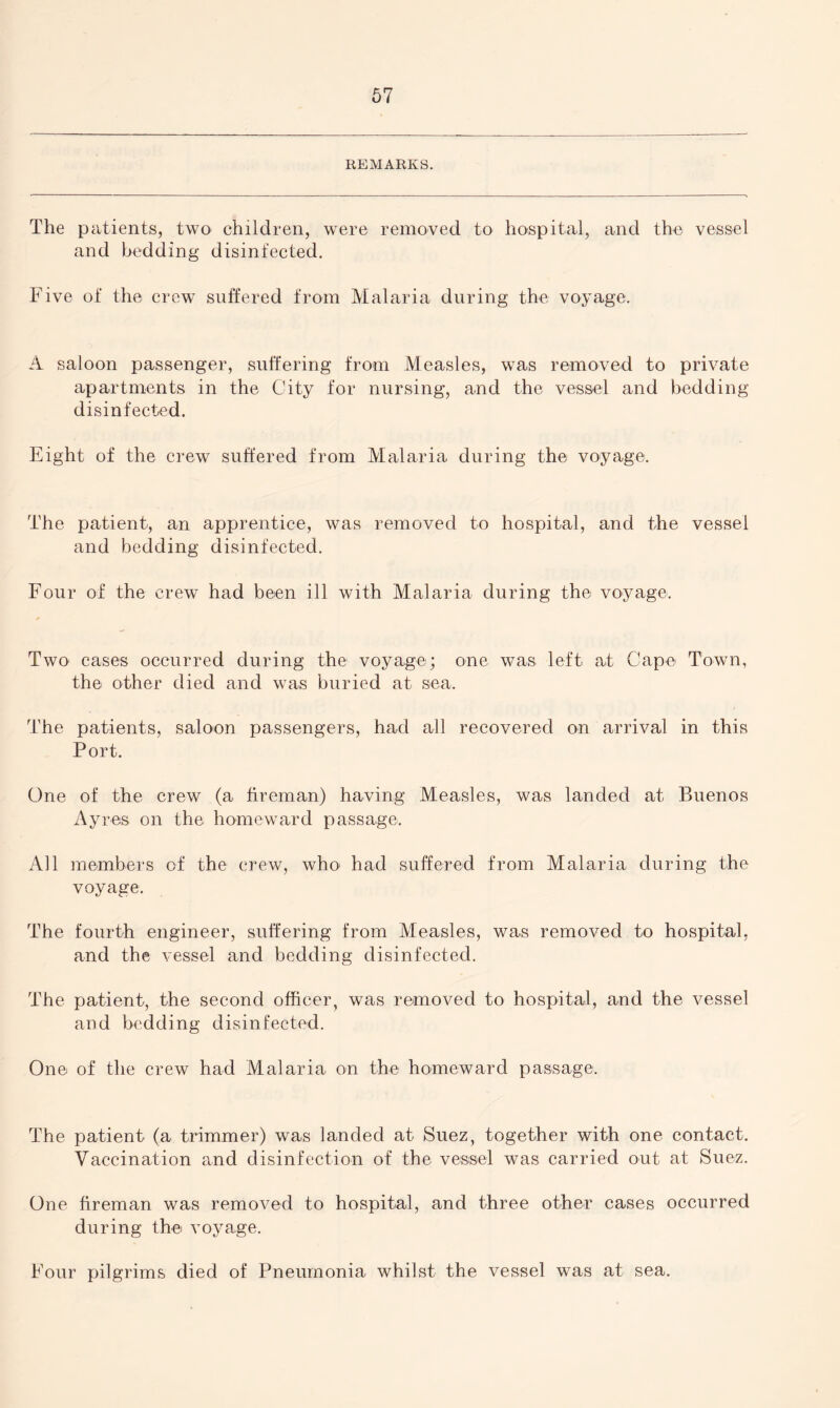 REMARKS. The patients, two children, were removed to hospital, and the vessel and bedding disinfected. Five of the crew suffered from Malaria during the voyage. A saloon passenger, suffering from Measles, was removed to private apartments in the City for nursing, and the vessel and bedding disinfected. Eight of the crew suffered from Malaria during the voyage. The patient, an apprentice, was removed to hospital, and the vessel and bedding disinfected. Four of the crew had been ill with Malaria during the voyage. Two cases occurred during the voyage; one was left at Cape Town, the other died and was buried at sea. The patients, saloon passengers, had all recovered on arrival in this Port. One of the crew (a fireman) having Measles, was landed at Buenos Ay res on the homeward passage. All members of the crew, whoi had suffered from Malaria during the voyage. The fourth engineer, suffering from Measles, was removed to hospital, and the vessel and bedding disinfected. The patient, the second officer, was removed to hospital, and the vessel and bedding disinfected. One of the crew had Malaria on the homeward passage. The patient (a trimmer) was landed at Suez, together with one contact. Vaccination and disinfection of the vessel was carried out at Suez. One fireman was removed to hospital, and three other cases occurred during the voyage. Four pilgrims died of Pneumonia whilst the vessel was at sea.