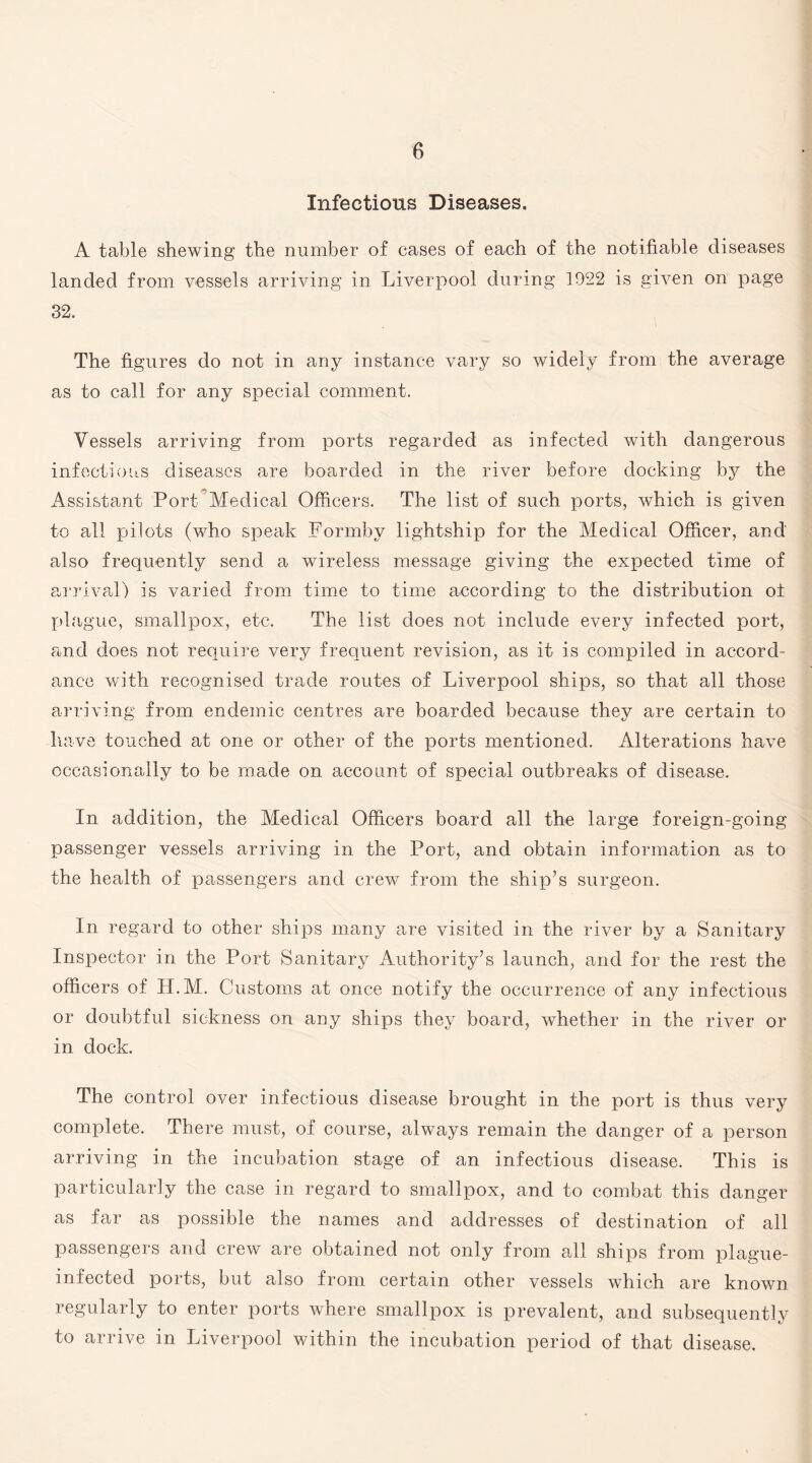 Infectious Diseases. A table shewing the number of cases of each of the notifiable diseases landed from vessels arriving in Liverpool during 1922 is given on page 32. The figures do not in any instance vary so widely from the average as to call for any special comment. Vessels arriving from ports regarded as infected with dangerous infectious diseases are boarded in the river before docking by the Assistant Port Medical Officers. The list of such ports, which is given to all pilots (who speak Formby lightship for the Medical Officer, and also frequently send a wireless message giving the expected time of arrival) is varied from time to time according to the distribution ot plague, smallpox, etc. The list does not include every infected port, and does not require very frequent revision, as it is compiled in accord¬ ance with recognised trade routes of Liverpool ships, so that all those arriving from endemic centres are boarded because they are certain to have touched at one or other of the ports mentioned. Alterations have occasionally to be made on account of special outbreaks of disease. In addition, the Medical Officers board all the large foreign-going passenger vessels arriving in the Port, and obtain information as to the health of passengers and crew from the ship’s surgeon. In regard to other ships many are visited in the river by a Sanitary Inspector in the Port Sanitary Authority’s launch, and for the rest the officers of H.M. Customs at once notify the occurrence of any infectious or doubtful sickness on any ships they board, whether in the river or in dock. The control over infectious disease brought in the port is thus very complete. There must, of course, always remain the danger of a person arriving in the incubation stage of an infectious disease. This is particularly the case in regard to smallpox, and to combat this danger as far as possible the names and addresses of destination of all passengers and crew are obtained not only from all ships from plague- infected ports, but also from certain other vessels which are known regularly to enter ports where smallpox is prevalent, and subsequently to arrive in Liverpool within the incubation period of that disease.