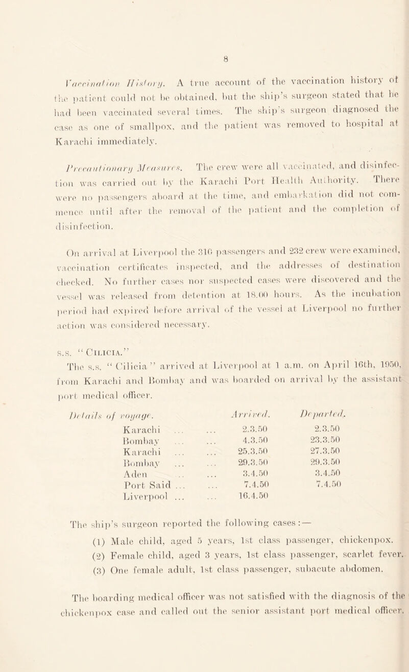 Yaocination History. A true account of the vaccination history of the patient could not be obtained, but the ship’s surgeon stated that he had been vaccinated several times. The ships surgeon diagnosed the case as one of smallpox, and the patient was removed to hospital at K arach i immediately. Precaution an/ j\feasures, The crew were all \accinated, and disinfec¬ tion was carried out by the Karachi Port Health Authority. There were no passengers aboard at the time, and embarkation did not com¬ mence until after the removal of the patient and the completion of disin feet ion. On arrival at Liverpool the 310 passengers and 232 crew were examined, vaccination certificates inspected, and the addresses ot destination checked. No further cases nor suspected cases were discovered and the vessel was released from detention at 18.00 hours. As the incubation period had expired before arrival of the vessel at Liverpool no furthei action was considered necessary. s.s. “ Cilicia.” The s.s. “ Cilicia” arrived at Liverpool at 1 a,m. on April 16th, 1950, from Karachi and Bombay and was boarded on arrival by the assistant port medical officer. Details of voyage. Arrived. Departedi Karachi 2.3.50 2.3.50 Bombay 4.3.50 23.3.50 Karachi 25.3.50 27.3.50 Bombay 29.3.50 29.3.50 Aden 3.4.50 3.4.50 Port Said ... 7.4.50 7.4.50 Liverpool ... 16.4.50 The ship’s surgeon reported the following cases : — (1) Male child, aged 5 years, 1st class passenger, chickenpox. (2) Female child, aged 3 years, 1st class passenger, scarlet fever. (3) One female adult, 1st class passenger, subacute abdomen. The boarding medical officer was not satisfied with the diagnosis of the chickenpox case and called out the senior assistant port medical officer.