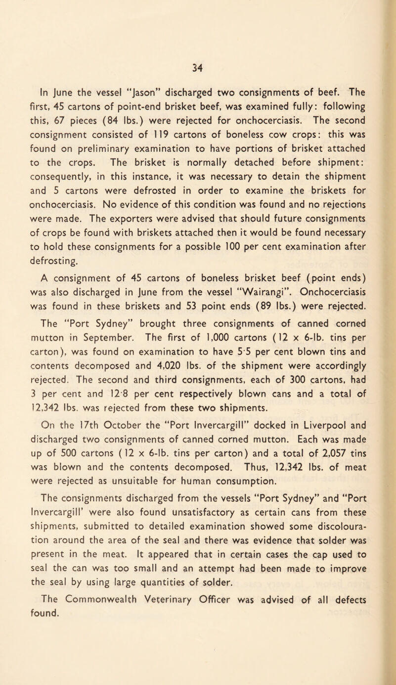 In June the vessel “Jason” discharged two consignments of beef. The first, 45 cartons of point-end brisket beef, was examined full/: following this, 67 pieces (84 lbs.) were rejected for onchocerciasis. The second consignment consisted of 119 cartons of boneless cow crops: this was found on preliminary examination to have portions of brisket attached to the crops. The brisket is normally detached before shipment: consequently, in this instance, it was necessary to detain the shipment and 5 cartons were defrosted in order to examine the briskets for onchocerciasis. No evidence of this condition was found and no rejections were made. The exporters were advised that should future consignments of crops be found with briskets attached then it would be found necessary to hold these consignments for a possible 100 per cent examination after defrosting. A consignment of 45 cartons of boneless brisket beef (point ends) was also discharged in June from the vessel “Wairangi”. Onchocerciasis was found in these briskets and 53 point ends (89 lbs.) were rejected. The “Port Sydney” brought three consignments of canned corned mutton in September. The first of 1,000 cartons (12 x 6-lb. tins per carton), was found on examination to have 5 5 per cent blown tins and contents decomposed and 4,020 lbs. of the shipment were accordingly rejected. The second and third consignments, each of 300 cartons, had 3 per cent and 12 8 per cent respectively blown cans and a total of 12,342 lbs. was rejected from these two shipments. On the 17th October the “Port Invercargill” docked in Liverpool and discharged two consignments of canned corned mutton. Each was made up of 500 cartons (12 x 6-lb. tins per carton) and a total of 2,057 tins was blown and the contents decomposed. Thus, 12,342 lbs. of meat were rejected as unsuitable for human consumption. The consignments discharged from the vessels “Port Sydney” and “Port Invercargill’ were also found unsatisfactory as certain cans from these shipments, submitted to detailed examination showed some discoloura¬ tion around the area of the seal and there was evidence that solder was present in the meat. It appeared that in certain cases the cap used to seal the can was too small and an attempt had been made to improve the seal by using large quantities of solder. The Commonwealth Veterinary Officer was advised of all defects found.