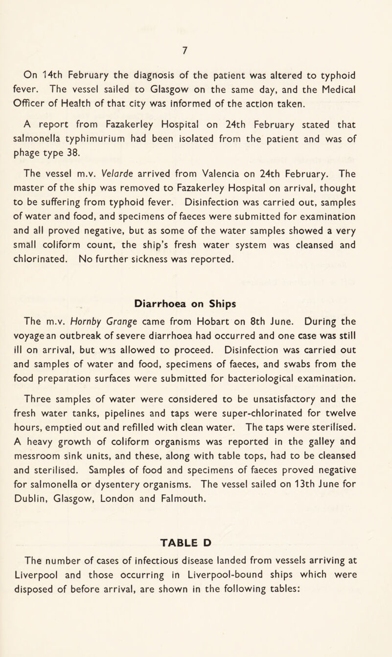 On 14th February the diagnosis of the patient was altered to typhoid fever. The vessel sailed to Glasgow on the same day, and the Medical Officer of Health of that city was informed of the action taken. A report from Fazakerley Hospital on 24th February stated that salmonella typhimurium had been isolated from the patient and was of phage type 38. The vessel m.v. Velarde arrived from Valencia on 24th February. The master of the ship was removed to Fazakerley Hospital on arrival, thought to be suffering from typhoid fever. Disinfection was carried out, samples of water and food, and specimens of faeces were submitted for examination and all proved negative, but as some of the water samples showed a very small coliform count, the ship’s fresh water system was cleansed and chlorinated. No further sickness was reported. Diarrhoea on Ships The m.v. Hornby Grange came from Hobart on 8th June. During the voyage an outbreak of severe diarrhoea had occurred and one case was still ill on arrival, but was allowed to proceed. Disinfection was carried out and samples of water and food, specimens of faeces, and swabs from the food preparation surfaces were submitted for bacteriological examination. Three samples of water were considered to be unsatisfactory and the fresh water tanks, pipelines and taps were super-chlorinated for twelve hours, emptied out and refilled with clean water. The taps were sterilised. A heavy growth of coliform organisms was reported in the galley and messroom sink units, and these, along with table tops, had to be cleansed and sterilised. Samples of food and specimens of faeces proved negative for salmonella or dysentery organisms. The vessel sailed on 13th June for Dublin, Glasgow, London and Falmouth. TABLE D The number of cases of infectious disease landed from vessels arriving at Liverpool and those occurring in Liverpool-bound ships which were disposed of before arrival, are shown in the following tables: