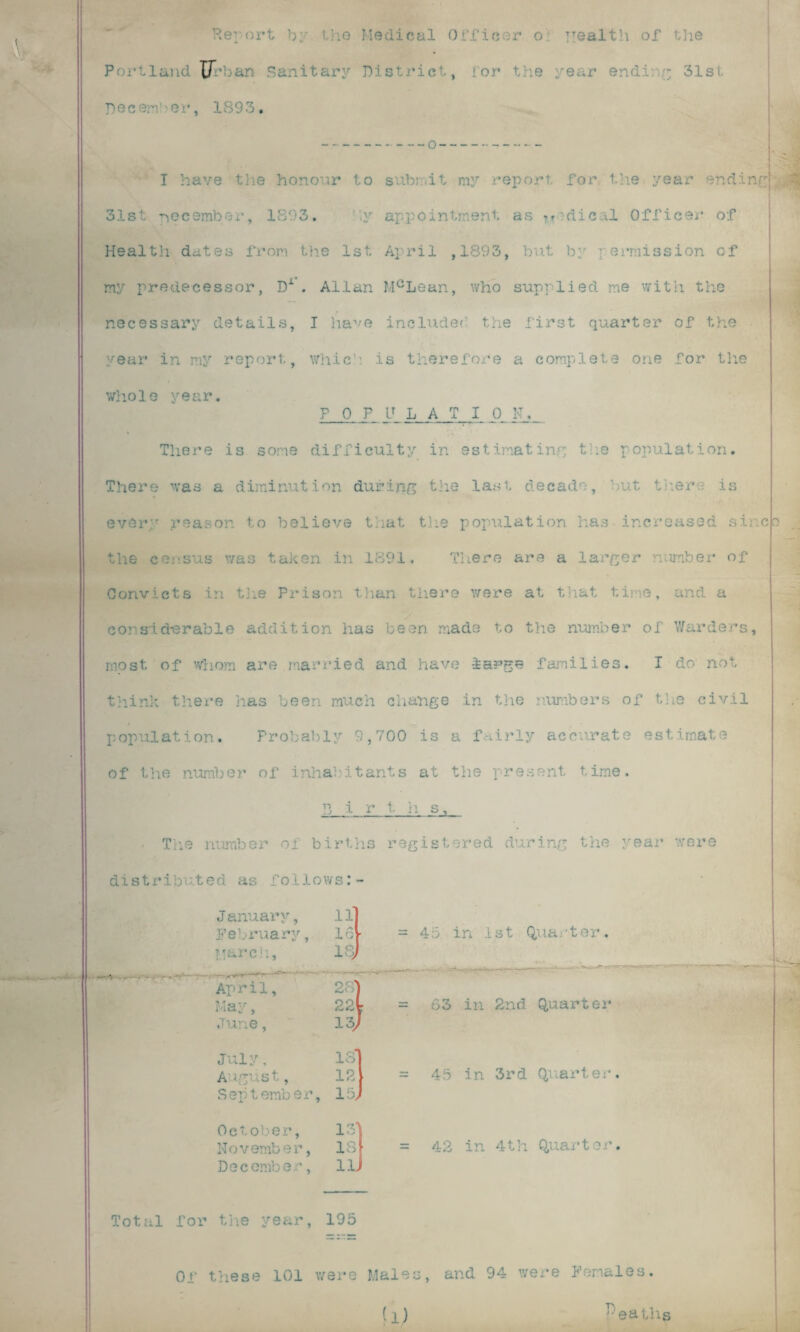 i XT*ban Sanitary District, for the year endi 31si December, 1893. -o- I have the honour to subr.it my report for the year endi nr; 31st necember, 1893. ly appointment as t..t'dic.il Officer of Health d^tes from the 1st April ,1893, but by permission of my predecessor, Dr. Allan McLean, who supplied me with the necessary details, I have included the first quarter of the year in my report, which is therefore a complete one for the whole year. F 0 F lT L A T I 0_ K_._ There is some difficulty in estimating the population. There was a diminution during the last decade, hut tier' is every reason to believe that the population has increased sine the census was taken in 1891. There are a larger number of Convicts in the Prison than there were at that time, and a considerable addition lias been made to the number of Warders, most of whom are married and have large families. I do not think there has been much change in the numbers of the civil population. Probably 9,700 is a fairly accurate estimate of the number of inhabitants at the present time. girths. The number of births registered during the year were distributed as follows:- o J anuary, February, March, 11 16 isj = 4.5 in 1st Qua tor. April, 2 ] May, 22< * = 63 in 2nd Quarter June, 13j F July, 1 o* lo August, September, 12 15; = 45 in 3rd Quarter. October, 131 November, December, 18 1L = 42 in 4th Quarter. Total for the year, 195 Of these 101 were Males, and 94 were Females. U) Peaths