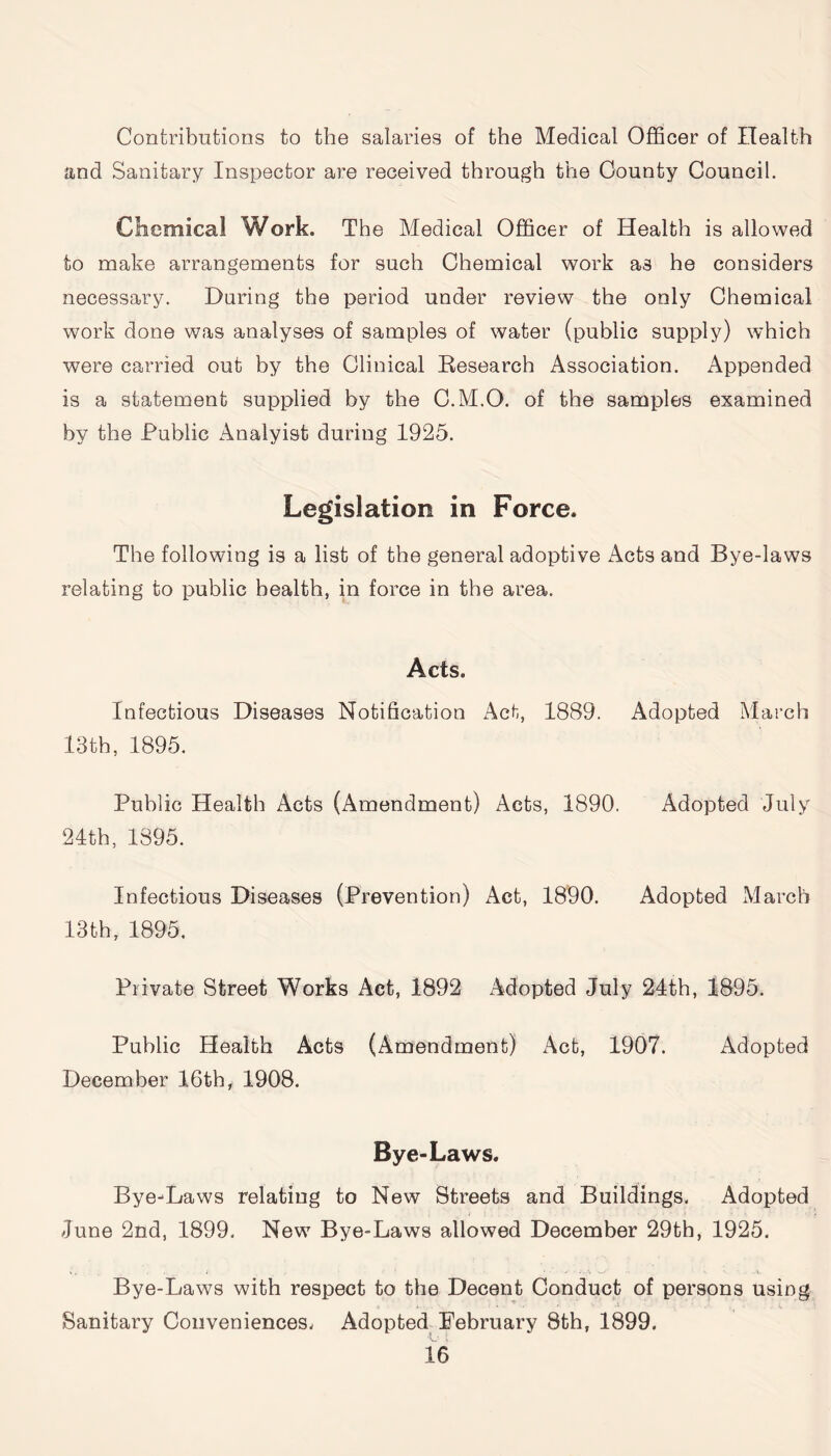 Contributions to the salaries of the Medical Officer of Health and Sanitary Inspector are received through the County Council. Chemical Work. The Medical Officer of Health is allowed to make arrangements for such Chemical work as he considers necessary. During the period under review the only Chemical work done was analyses of samples of water (public supply) which were carried out by the Clinical Research Association. Appended is a statement supplied by the C.M.O. of the samples examined by the Public Analyist during 1925. Legislation in Force. The following is a list of the general adoptive Acts and Bye-laws relating to public health, in force in the area. Acts. Infectious Diseases Notification Act, 1889. Adopted March 13th, 1895. Public Health Acts (Amendment) Acts, 1890. Adopted July 24th, 1895. Infectious Diseases (Prevention) Act, 1890. Adopted March 13th, 1895. Private Street Works Act, 1892 Adopted July 24th, 1895. Public Health Acts (Amendment) Act, 1907. Adopted December 16th, 1908. Bye-Laws. Bye-Laws relating to New Streets and Buildings. Adopted June 2nd, 1899. New Bye-Laws allowed December 29th, 1925. Bye-Laws with respect to the Decent Conduct of persons using Sanitary Conveniences. Adopted February 8th, 1899.