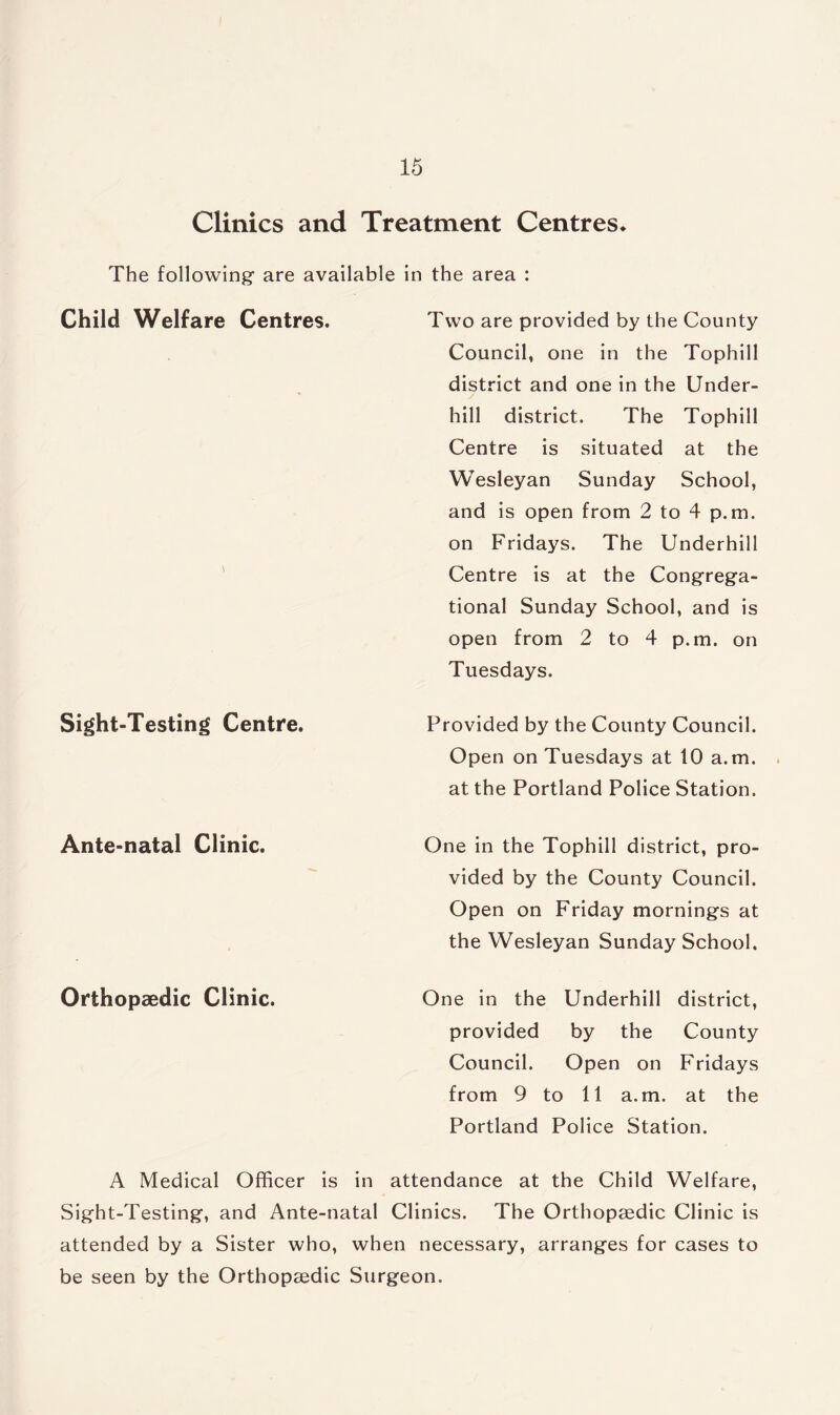 Clinics and Treatment Centres* The following are available in the area : Child Welfare Centres. Two are provided by the County Council, one in the Tophill district and one in the Under¬ hill district. The Tophill Centre is situated at the Wesleyan Sunday School, and is open from 2 to 4 p.m. on Fridays. The Underhill Centre is at the Congrega¬ tional Sunday School, and is open from 2 to 4 p.m. on Tuesdays. Sight-Testing Centre. Provided by the County Council. Open on Tuesdays at 10 a.m. at the Portland Police Station. Ante-natal Clinic. One in the Tophill district, pro¬ vided by the County Council. Open on Friday mornings at the Wesleyan Sunday School. Orthopaedic Clinic. One in the Underhill district, provided by the County Council. Open on Fridays from 9 to 11 a.m. at the Portland Police Station. A Medical Officer is in attendance at the Child Welfare, Sight-Testing, and Ante-natal Clinics. The Orthopaedic Clinic is attended by a Sister who, when necessary, arranges for cases to be seen by the Orthopaedic Surgeon.