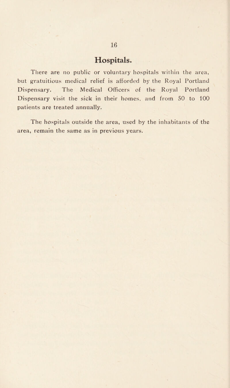 Hospitals* There are no public or voluntary hospitals within the area, but gratuitous medical relief is afforded by the Royal Portland Dispensary. The Medical Officers of the Royal Portland Dispensary visit the sick in their homes, and from 50 to 100 patients are treated annually. The hospitals outside the area, used by the inhabitants of the area, remain the same as in previous years.