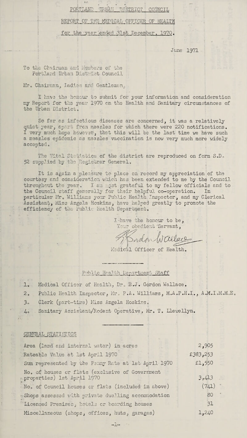 PORTLAND URBlU DISTRICT ' COUNCIL REPORT OF THE MEDICAL OFFICER OF HEALTH for the year .ended 31 st December, 1970, i June 1971 To the Cb^irraan ana Members of the Portland Urban District Council Mrs Chairman, ladies and Gentlemen, 1 have the honour to submit for your information and consideration my Report for the year 1970 on the Health ana Sanitary circumstances of the Urban District, So far as infectious diseases are concerned, it was a relatively quiet year, apart from measles for which there were 220 notifications. I very much hope however, that this will be the last time we have such a measles epidemic as measles vaccination is now very much more widely accepted„ The Vital Statistics of the district are reproduced on form S.D„ 52 supplied by the Registrar General. j ' . It is again a pleasure to place on record my appreciation of the courtesy and consideration which has been extended to me by the Council throughout the year, I am :.pst grateful to my fellow officials and to the Council staff generally for their helpful co-operation. In particular Mr. Williams your Public Health Inspector, and my Clerical Assistant, Miss Angela Hoskins, have helped greatly to promote the efficiency of the Public Health Department. I-have the honour to be, Your obedient 'Servant, Medical Officer of Health. P-ib Lie Health Lepartnerr'. Staff 1, Medical Officer of Health, Dr0 E.J. Gordon Wallace. 2, Public Health Inspector, Mr. P.A. Williams, M.A.P.H.I., A.M.I.M.McE. 3o Clerk (part-time) Miss Angela Hoskins. 4„ Sanitary Assistant/Rodent Operative. Mr. T. Llewellyn. GENERAL .STATISTICS Area (land and internal water) in acres 2,905 Rateable Value at 1st April 1970 £383*253 Sum represented by the Penny Rate at 1st April 1970 £1,550 No. of houses or flats (exclusive of Government ■ properties) 1st April 1970 3*413 * ’ ; • No., of Council houses or flats (included in above) (741) vShops assessed with private dwelling accommodation 80 • I 1 Licensed Premises, hotels or bearding houses 31 Miscellaneous (shops, offices, huts, garages) 1,240 -!•