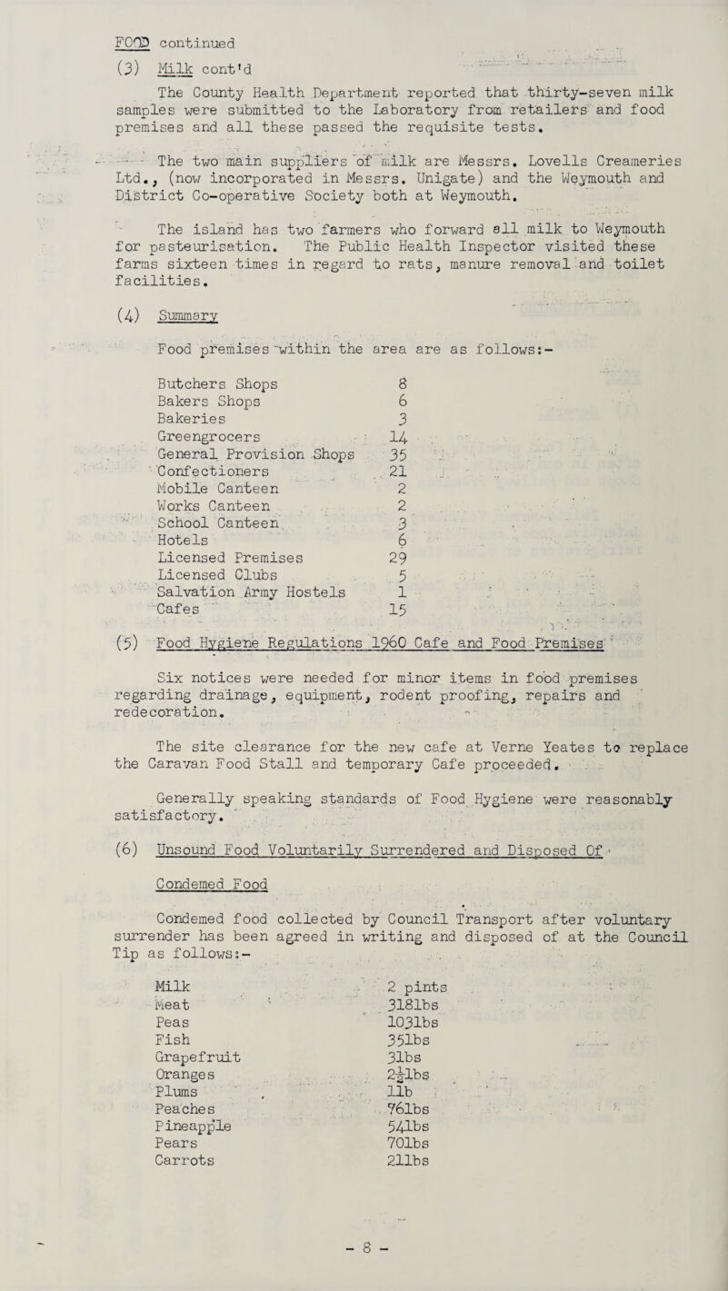 FOOD continued (3) Milk cont'd The County Health Department reported that thirty-seven milk samples were submitted to the Laboratory from retailers and food premises and all these passed the requisite tests. - ~ - The two main suppliers'of milk are Messrs. Lovells Creameries Ltd., (now incorporated in Messrs. Unigate) and the Weymouth and District Co-operative Society both at Weymouth. The island has two farmers who forward all milk to Weymouth for pasteurisation. The Public Health Inspector visited these farms sixteen times in regard to rats, manure removal and toilet facilities. (4) Summary Food premises within the area are as follows Butchers Shops 8 Bakers Shops 6 Bakeries 3 Greengrocers 14 General Provision .Shops 35 Confectioners . 21 Mobile Canteen 2 Works Canteen 2 School Canteen 3 Hotels 6 Licensed Premises 29 Licensed Clubs 5 Salvation Army Hostels 1 'Cafes ' 15 (5) Food Hygiene Regulations I960 Cafe and Food Premises Six notices were needed for minor items in food premises regarding drainage, equipment, rodent proofing, repairs and redecoration. The site clearance for the new cafe at Verne Yeates to replace the Caravan Food Stall and temporary Cafe proceeded. Generally speaking standards of Food, Hygiene were reasonably satisfactory. (6) Unsound Food Voluntarily Surrendered and Disposed Of • Condemed Food Condemed food collected by Council Transport after voluntary surrender has been agreed in writing and disposed of at the Council Tip as followss- Milk 2 pints Meat 3181bs Peas 1031bs Fish 351bs Grapefruit 31b s Oranges 2-glbs Plums lib Peaches 76lbs Pineapple 541b s Pears 701b s Carrots 211b s