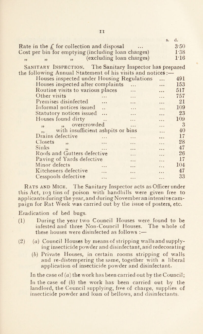 s. d. Rate in the £ for collection and disposal ... 3*50 Cost per bin for emptying (including loan charges) 1’38 „ „ „ (excluding loan charges) 1‘16 Sanitary Inspection. The Sanitary Inspector has prepared the following Annual Statement of his visits and notices:— flouses inspected under Housing Regulations ... 491 Houses inspected after complaints ... ... 153 Routine visits to various places ... ... 517 Other visits ... ... ... 757 Premises disinfected ... ... ... 21 Informal notices issued .. ... ... 109 Statutory notices issued ... ... ... 23 Houses found dirty .. ... ... 109 „ ,, overcrowded ... ... 3 ,, with insufficient ashpits or bins ... 40 Drains defective ... ... ... 17 Closets ,, ... ... ... 28 Sinks ,, ... ... ... 47 Roofs and Gutters defective ... ... 26 Paving of Yards defective ... ... 17 Minor defects ... ... ... 104 Kitcheners defective ... ... ... 47 Cesspools defective ... ... ... 33 Rats and Mice, d'he Sanitary Inspector acts as Officer under this Act, 103 tins of poison with handlnlls were given free to app! icants during the year, and during November an intensive cam¬ paign for Rat Week was carried out by the issue of posters, etc. Eradication of bed bugs. (1) During the year two Council Houses were found to be infested and three Non-Council Houses. The whole of these houses were disinfected as follows :— (2) (a) Council Houses by means of stripping walls and supply¬ ing insecticide powTler and disinfectant, and redecorating (6) Private Houses, in certain rooms stripping of w'alls and re-distempering the same, together with a liberal application of insecticide pow'der and disinfectant. In the case of (a) the work has been carried out by the Council; In the case of (6) the work has been carried out by the landlord, tlie Council supplying, free of charge, supplies of insecticide powder and loan of bellows, and disinfectants.