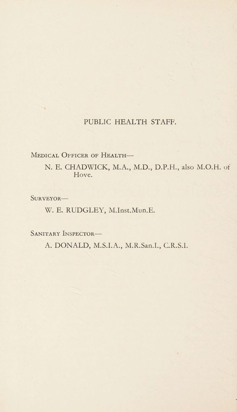 PUBLIC HEALTH STAFF. Medical Officer of Health— N. E. CHADWICK, M.A., M.D., D.P.H., also M.O.H. of Hove. Surveyor—- W. E. RUDGLEY, M.Inst.Mun.E. Sanitary Inspector— A. DONALD, M.S.I.A., M.R.San.I., C.R.S.l.