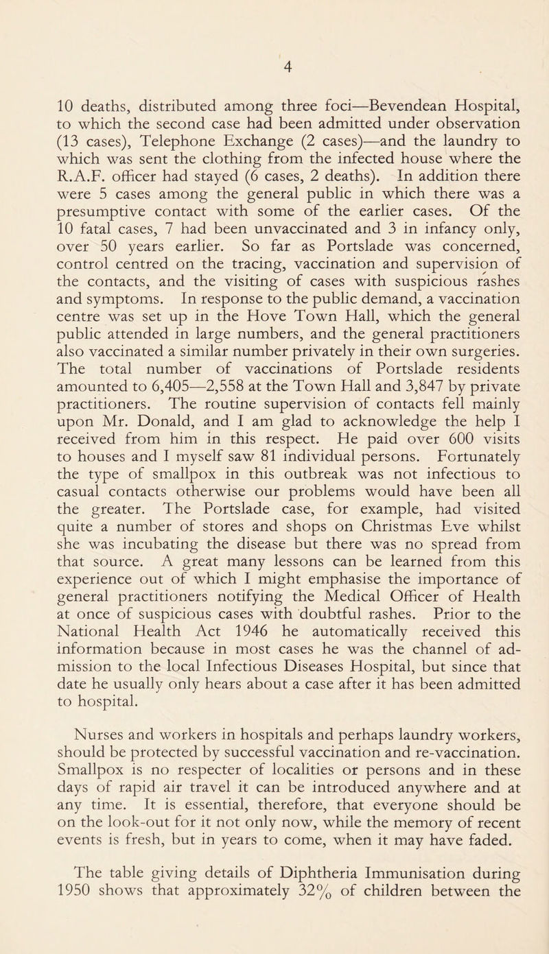 10 deaths, distributed among three foci—Bevendean Hospital, to which the second case had been admitted under observation (13 cases). Telephone Exchange (2 cases)—and the laundry to which was sent the clothing from the infected house where the R.A.F. officer had stayed (6 cases, 2 deaths). In addition there were 5 cases among the general public in which there was a presumptive contact with some of the earlier cases. Of the 10 fatal cases, 7 had been unvaccinated and 3 in infancy only, over 50 years earlier. So far as Portslade was concerned, control centred on the tracing, vaccination and supervision of the contacts, and the visiting of cases with suspicious rashes and symptoms. In response to the public demand, a vaccination centre was set up in the Hove Town Hall, which the general public attended in large numbers, and the general practitioners also vaccinated a similar number privately in their own surgeries. The total number of vaccinations of Portslade residents amounted to 6,405—2,558 at the Town Hall and 3,847 by private practitioners. The routine supervision of contacts fell mainly upon Mr. Donald, and I am glad to acknowledge the help I received from him in this respect. He paid over 600 visits to houses and I myself saw 81 individual persons. Fortunately the type of smallpox in this outbreak was not infectious to casual contacts otherwise our problems would have been all the greater. The Portslade case, for example, had visited quite a number of stores and shops on Christmas Fve whilst she was incubating the disease but there was no spread from that source. A great many lessons can be learned from this experience out of which I might emphasise the importance of general practitioners notifying the Medical Officer of Health at once of suspicious cases with doubtful rashes. Prior to the National Health Act 1946 he automatically received this information because in most cases he was the channel of ad¬ mission to the local Infectious Diseases Hospital, but since that date he usually only hears about a case after it has been admitted to hospital. Nurses and workers in hospitals and perhaps laundry workers, should be protected by successful vaccination and re-vaccination. Smallpox is no respecter of localities or persons and in these days of rapid air travel it can be introduced anywhere and at any time. It is essential, therefore, that everyone should be on the look-out for it not only now, while the memory of recent events is fresh, but in years to come, when it may have faded. The table giving details of Diphtheria Immunisation during 1950 shows that approximately 32% of children between the