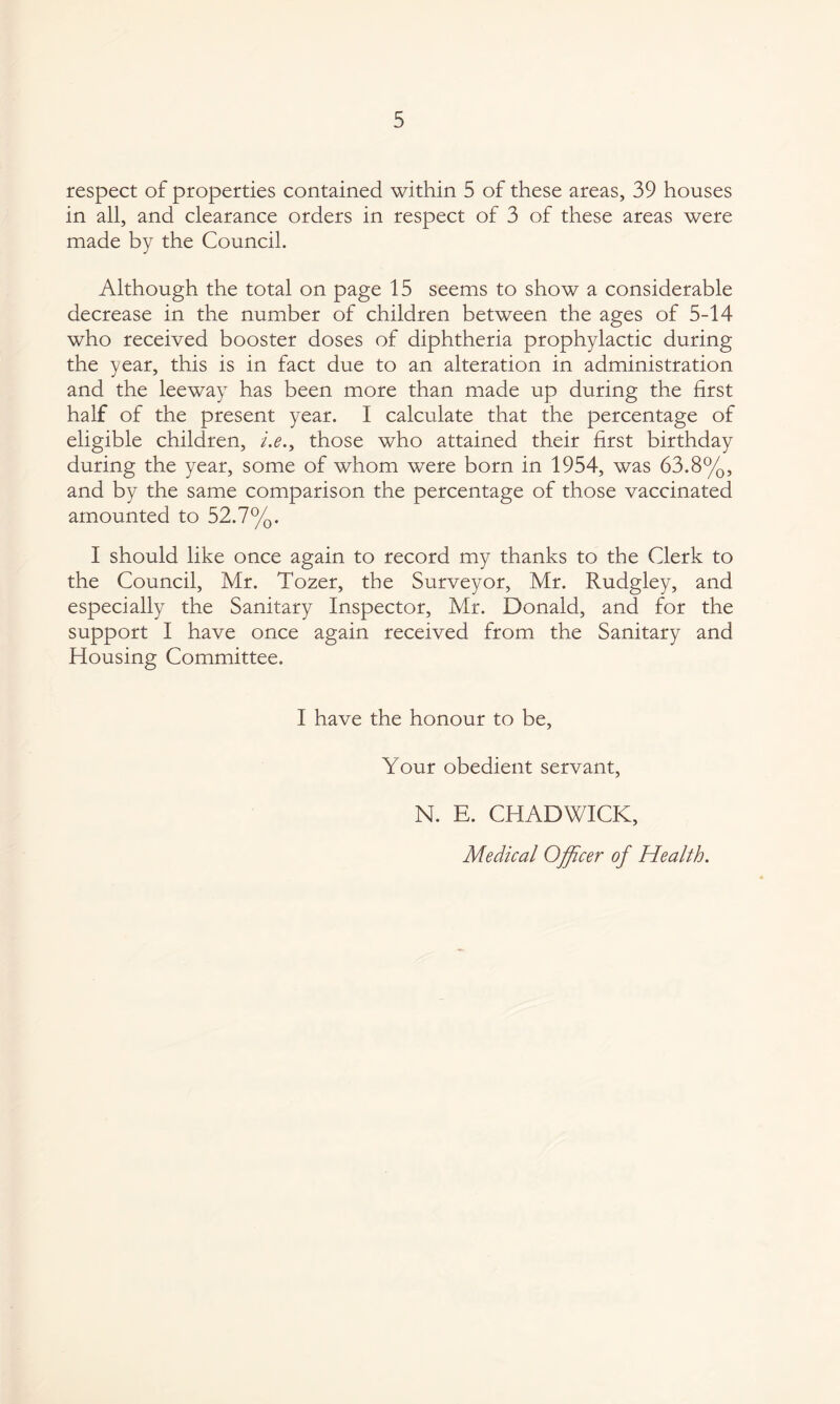 respect of properties contained within 5 of these areas, 39 houses in all, and clearance orders in respect of 3 of these areas were made by the Council. Although the total on page 15 seems to show a considerable decrease in the number of children between the ages of 5-14 who received booster doses of diphtheria prophylactic during the year, this is in fact due to an alteration in administration and the leeway has been more than made up during the first half of the present year. I calculate that the percentage of eligible children, i.e.^ those who attained their first birthday during the year, some of whom were born in 1954, was 63.8%, and by the same comparison the percentage of those vaccinated amounted to 52.7%. I should like once again to record my thanks to the Clerk to the Council, Mr. Tozer, the Surveyor, Mr. Rudgley, and especially the Sanitary Inspector, Mr. Donald, and for the support I have once again received from the Sanitary and Housing Committee. I have the honour to be. Your obedient servant, N. E. CHADWICK, Medical Officer of Health.