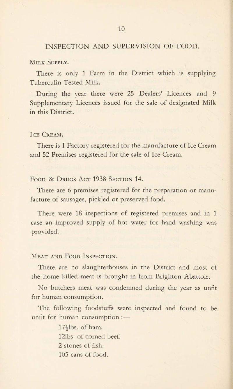 INSPECTION AND SUPERVISION OF FOOD. Milk Supply. There is only 1 Farm in the District which is supplying Tuberculin Tested Milk. During the year there were 25 Dealers’ Licences and 9 Supplementary Licences issued for the sale of designated Milk in this District. Ice Cream. There is 1 Factory registered for the manufacture of Ice Cream and 52 Premises registered for the sale of Ice Cream. Food & Drugs Act 1938 Section 14. There are 6 premises registered for the preparation or manu¬ facture of sausages, pickled or preserved food. There were 18 inspections of registered premises and in 1 case an improved supply of hot water for hand washing was provided. Meat and Food Inspection. There are no slaughterhouses in the District and most of the home killed meat is brought in from Brighton Abattoir. No butchers meat was condemned during the year as unfit for human consumption. The following foodstuffs were inspected and found to be unfit for human consumption :— 17-Jlbs. of ham. 121bs. of corned beef. 2 stones of fish. 105 cans of food.