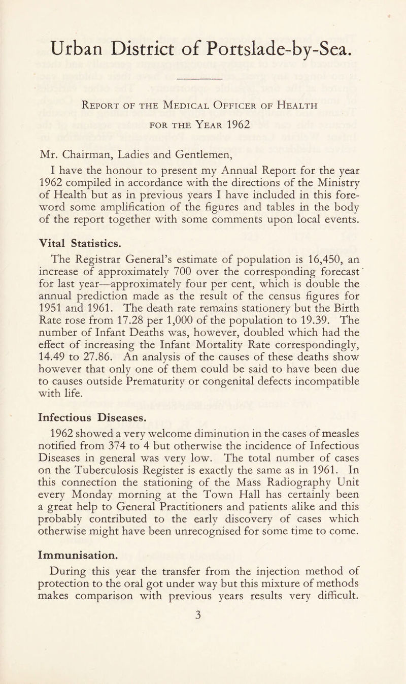 Urban District of Portslade-by-Sea. Report of the Medical Officer of Health for the Year 1962 Mr. Chairman, Ladies and Gentlemen, I have the honour to present my Annual Report for the year 1962 compiled in accordance with the directions of the Ministry of Health but as in previous years I have included in this fore¬ word some amplification of the figures and tables in the body of the report together with some comments upon local events. Vital Statistics. The Registrar General’s estimate of population is 16,450, an increase of approximately 700 over the corresponding forecast for last year—approximately four per cent, which is double the annual prediction made as the result of the census figures for 1951 and 1961. The death rate remains stationery but the Birth Rate rose from 17.28 per 1,000 of the population to 19.39. The number of Infant Deaths was, however, doubled which had the effect of increasing the Infant Mortality Rate correspondingly, 14.49 to 27.86. An analysis of the causes of these deaths show however that only one of them could be said to have been due to causes outside Prematurity or congenital defects incompatible with life. Infectious Diseases. 1962 showed a very welcome diminution in the cases of measles notified from 374 to 4 but otherwise the incidence of Infectious Diseases in general was very low. The total number of cases on the Tuberculosis Register is exactly the same as in 1961. In this connection the stationing of the Mass Radiography Unit every Monday morning at the Town Hall has certainly been a great help to General Practitioners and patients alike and this probably contributed to the early discovery of cases which otherwise might have been unrecognised for some time to come. Immunisation. During this year the transfer from the injection method of protection to the oral got under way but this mixture of methods makes comparison with previous years results very difficult.