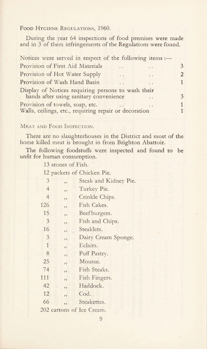 Food Hygiene Regulations, 1960. During the year 64 inspections of food premises were made and in 3 of them infringements of the Regulations were found. Notices were served in respect of the following items :— Provision of First Aid Materials . . . . 3 Provision of Hot Water Supply . . . . 2 Provision of Wash Hand Basin . . . . 1 Display of Notices requiring persons to wash their hands after using sanitary convenience . . 3 Provision of towels, soap, etc. . . . . 1 Walls, ceilings, etc., requiring repair or decoration 1 Meat and Food Inspection. There are no slaughterhouses in the District and most of the home killed meat is brought in from Brighton Abattoir. The following foodstuffs were inspected and found to be unfit for human consumption. 13 stones of Fish. 12 packets of Chicken Pie. 3 4 4 126 15 3 16 3 1 8 25 74 111 42 12 66 Steak and Kidney Pie. Turkey Pie. Crinkle Chips. Fish Cakes. Beefburgers. Fish and Chips. Steaklets. Dairy Cream Sponge. Eclairs. Puff Pastry. Mousse. Fish Steaks. Fish Fingers. Haddock. Cod. Steakettes. 202 cartons of Ice Cream,