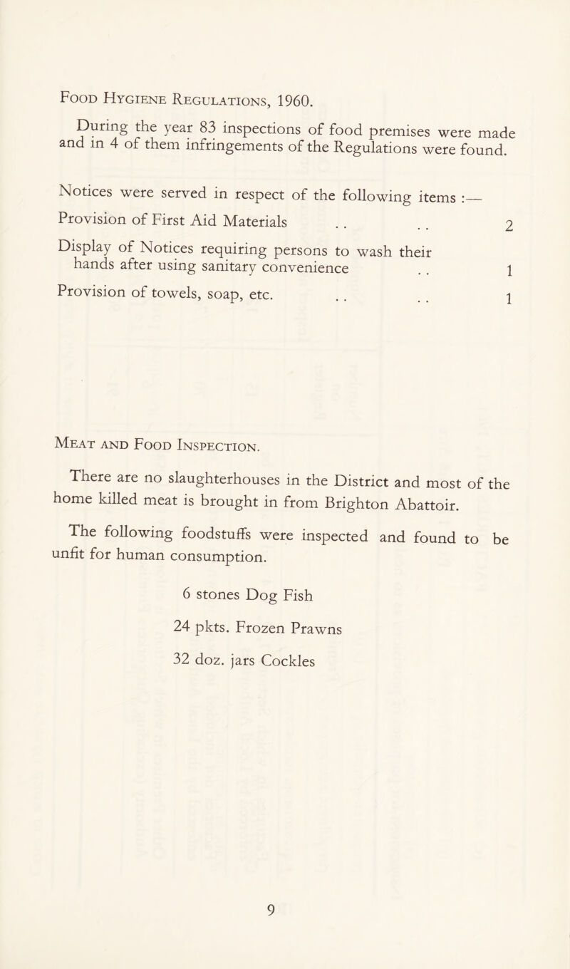 Food Hygiene Regulations, 1960. During the year 83 inspections of food premises were made and in 4 of them infringements of the Regulations were found. Notices were served in respect of the following items :_ Provision of First Aid Materials . . 2 Display of Notices requiring persons to wash their hands after using sanitary convenience \ Provision of towels, soap, etc. . . i Meat and Food Inspection. There are no slaughterhouses in the District and most of the home killed meat is brought in from Brighton Abattoir. The following foodstuffs were inspected and found to be unfit for human consumption. 6 stones Dog Fish 24 pkts. Frozen Prawns 32 doz. jars Cockles