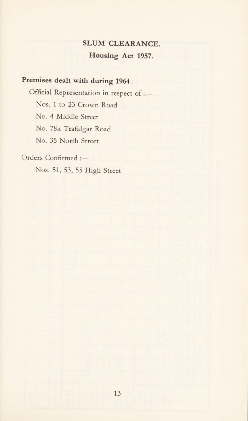 SLUM CLEARANCE. Housing Act 1957. Premises dealt with during 1964 : Official Representation in respect of:— Nos. 1 to 23 Crown Road No. 4 Middle Street No. 78a Trafalgar Road No. 35 North Street Orders Confirmed :— Nos. 51, 53, 55 High Street