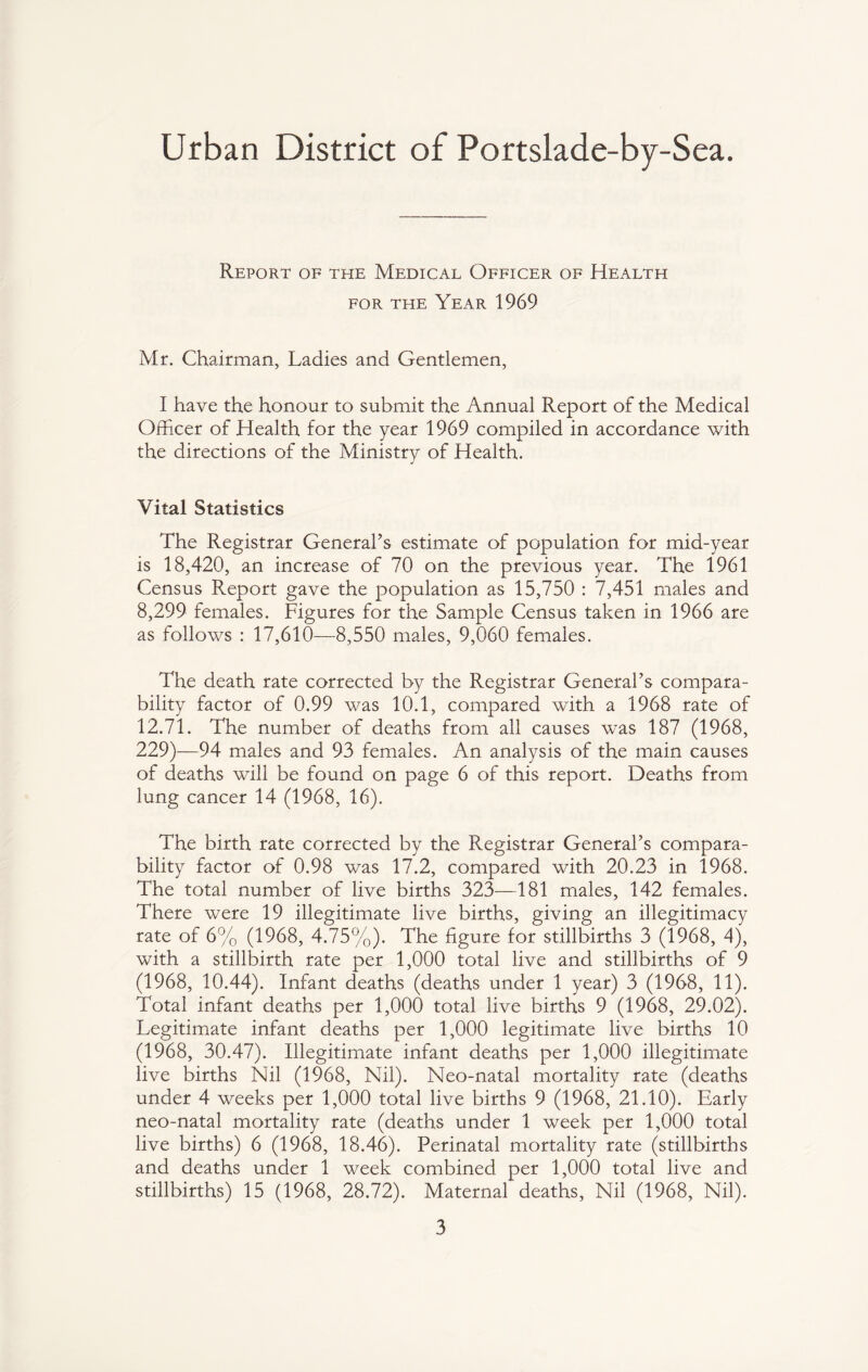 Urban District of Portslade-by-Sea. Report of the Medical Officer of Health for the Year 1969 Mr. Chairman, Ladies and Gentlemen, I have the honour to submit the Annual Report of the Medical Officer of Health for the year 1969 compiled in accordance with the directions of the Ministry of Health. J Vital Statistics The Registrar General’s estimate of population for mid-year is 18,420, an increase of 70 on the previous year. The 1961 Census Report gave the population as 15,750 : 7,451 males and 8,299 females. Figures for the Sample Census taken in 1966 are as follows : 17,610—8,550 males, 9,060 females. The death rate corrected by the Registrar General’s compara¬ bility factor of 0.99 was 10.1, compared with a 1968 rate of 12.71. The number of deaths from all causes was 187 (1968, 229)—94 males and 93 females. An analysis of the main causes of deaths will be found on page 6 of this report. Deaths from lung cancer 14 (1968, 16). The birth rate corrected by the Registrar General’s compara¬ bility factor of 0.98 was 17.2, compared with 20.23 in 1968. The total number of live births 323—181 males, 142 females. There were 19 illegitimate live births, giving an illegitimacy rate of 6% (1968, 4.75%). The figure for stillbirths 3 (1968, 4), with a stillbirth rate per 1,000 total live and stillbirths of 9 (1968, 10.44). Infant deaths (deaths under 1 year) 3 (1968, 11). Total infant deaths per 1,000 total live births 9 (1968, 29.02). Legitimate infant deaths per 1,000 legitimate live births 10 (1968, 30.47). Illegitimate infant deaths per 1,000 illegitimate live births Nil (1968, Nil). Neo-natal mortality rate (deaths under 4 weeks per 1,000 total live births 9 (1968, 21.10). Early neo-natal mortality rate (deaths under 1 week per 1,000 total live births) 6 (1968, 18.46). Perinatal mortality rate (stillbirths and deaths under 1 week combined per 1,000 total live and stillbirths) 15 (1968, 28.72). Maternal deaths, Nil (1968, Nil).