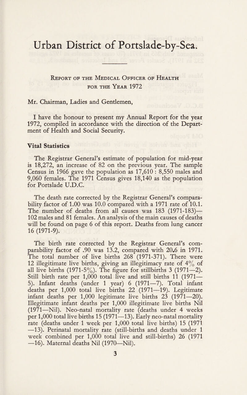 Urban District of Portslade-by-Sea. Report of the Medical Officer of Health for the Year 1972 Mr. Chairman, Ladies and Gentlemen, I have the honour to present my Annual Report for the year 1972, compiled in accordance with the direction of the Depart¬ ment of Health and Social Security. Vital Statistics The Registrar General’s estimate of population for mid-year is 18,272, an increase of 82 on the previous year. The sample Census in 1966 gave the population as 17,610 : 8,550 males and 9,060 females. The 1971 Census gives 18,140 as the population for Portslade U.D.C. The death rate corrected by the Registrar General’s compara¬ bility factor of 1.00 was 10.0 compared with a 1971 rate of 10.1. The number of deaths from all causes was 183 (1971-183)— 102 males and 81 females. An analysis of the main causes of deaths will be found on page 6 of this report. Deaths from lung cancer 16 (1971-9). The birth rate corrected by the Registrar General’s com¬ parability factor of .90 was 13.2, compared with 20,6 in 1971. The total number of live births 268 (1971-371). There were 12 illegitimate live births, giving an illegitimacy rate of 4% of all live births (1971-5%). The figure for stillbirths 3 (1971—2). Still birth rate per 1,000 total live and still births 11 (1971— 5). Infant deaths (under 1 year) 6 (1971—7). Total infant deaths per 1,000 total live births 22 (1971—19). Legitimate infant deaths per 1,000 legitimate live births 23 (1971—20). Illegitimate infant deaths per 1,000 illegitimate live births Nil (1971—Nil). Neo-natal mortality rate (deaths under 4 weeks per 1,000 total live births 15 (1971—13). Early neo-natal mortality rate (deaths under 1 week per 1,000 total live births) 15 (1971 —13). Perinatal mortality rate (still-births and deaths under 1 week combined per 1,000 total live and still-births) 26 (1971 —16). Maternal deaths Nil (1970—Nil).