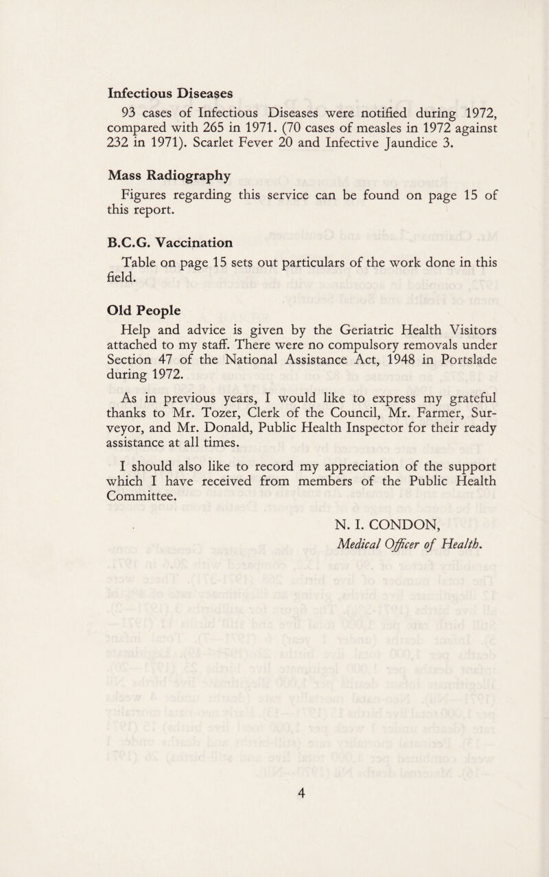 Infectious Diseases 93 cases of Infectious Diseases were notified during 1972, compared with 265 in 1971. (70 cases of measles in 1972 against 232 in 1971). Scarlet Fever 20 and Infective Jaundice 3. Mass Radiography Figures regarding this service can be found on page 15 of this report. B.C.G. Vaccination Table on page 15 sets out particulars of the work done in this field. Old People Help and advice is given by the Geriatric Health Visitors attached to my staff. There were no compulsory removals under Section 47 of the National Assistance Act, 1948 in Portslade during 1972. As in previous years, I would like to express my grateful thanks to Mr. Tozer, Clerk of the Council, Mr. Farmer, Sur¬ veyor, and Mr. Donald, Public Health Inspector for their ready assistance at all times. I should also like to record my appreciation of the support which I have received from members of the Public Health Committee. N. I. CONDON, Medical Officer of Health.