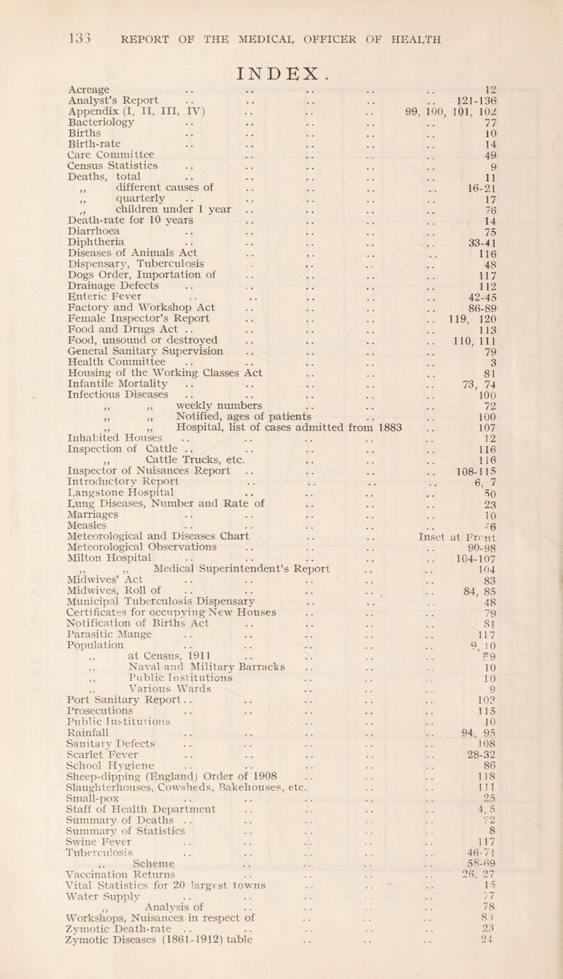 INDEX. Acreage .. .. .. .. .. 12 Analyst’s Report .. .. .. .. .. 121-136 Appendix (I, II, III, IV) .. .. .. 99, 100, 101, 102 Bacteriology .. .. .. .. .. 77 Births .. .. .. .. .. 10 Birth-rate .. .. ., .. ., 14 Care Committee .. .. .. .. 49 Census Statisties .. .. ., .. .. 9 Deaths, total .. .. .. .. .. 11 ,, different causes of .. .. .. .. 16-21 „ quarterly .. .. .. .. .. 17 ,, children under 1 year .. ., .. .. 76 Death-rate for 10 years .. .. .. .. I4 Diarrhoea .. .. .. .. .. 75 Diphtheria .. .. .. .. .. 33-41 Diseases of Animals Act .. .. .. .. 116 Dispensar}^, Tuberculosis .. .. .. .. 48 Dogs Order, Importation of .. .. .. .. 117 Drainage Defects .. .. .. .. .. 112 Enteric Fever .. .. ,, .. .. 42-45 Factory and Workshop Act .. .. .. .. 86-89 Female Inspector’s Report .. .. .. ..119, 120 Food and Drugs Act .. .. .. .. .. 113 Food, unsound or destroyed .. .. .. .. 110, 111 General Sanitary Supervision .. .. .. .. 79 Health Committee .. .. .. .. .. 3 Housing of the Working Classes Act .. .. .. 81 Infantile Mortality ., .. .. .. .. 73, 74 Infectious Diseases .. .. .. .. .. 100 ,, ,, weekly numbers .. .. .. 72 ,, ,, Notified, ages of patients .. .. 100 ,, ,, Hospital, list of cases admitted from 1883 .. 107 Inhabited Houses .. .. . .. .. .. 12 Inspection of Cattle .. .. .. .. .. 116 ,, Cattle Trucks, etc. .. .. .. 116 Inspector of Nuisances Report .. .. .. .. 108-115 Introductory Report .. .. .. .. 6, 7 I.angstone Hospital .. ,. ., .. 5o Lung Diseases, Number and Rate of .. .. .. 23 Marriages .. .. .. .. .. ] 0 Measles .. .. .. .. .. 46 Meteorological and Diseases Chart .. .. Inset at Front Meteorological Observations .. .. .. .. 90-98 Milton Hospital .. .. .. .. .. 104-107 ,, ,, Medical vSuperintendent’s Rexjort .. .. 104 Midwives’ Act .. .. .. ' .. .. 83 Midwives, Roll of .. .. .. .. _ ... 84, 85 Municipal Tuberculosis Dispensary .. .. .. 48 Certificates for occupying New Houses .. .. .. 79 Notification of Births Act .. .. .. .. 81 Parasitic Mange .. .. .. .. .. 117 Population .. .. .. .. .. 9,10 ,, at Census, 1911 .. .. .. .. ’ F9 ,, Naval and Military Barracks .. .. .. 10 ,, Public Institutions .. .. 10 ,, Various Wards .. ... .. 9 Port Sanitary Report.. .. .. .. .. 103 Prosecutions .. .. .. .. .. 115 Public Institutions .. .. .. 10 Rainfall .. .. .. .. .. 94, 95 Sanitar} Defects .. .. .. .. .. 108 vScarlet Fever .. .. .. .. .. 28-32 School Flygiene .. .. .. .. .. 86 Sheejr-dipping (England) Order of 1908 .. .. .. 118 Slaughterhouses, Cowsheds, Bakehouses, etc. .. .. Ill Small-pox .. .. .. .. . . 25 Staff of Health Department .. .. .. .. 4,5 Summary of Deaths .. .. .. .. . . 32 Summary of vStatistics .. .. .. .. 8 Swine Fever .. .. .. .. .. 117 Tuberculosis .. .. .. .. .. 46-71 ,, Scheme .. .. .. .. 58-69 Vaccination Returns .. .. .. .. 26. 27 Vital Statistics for 20 largest towns .. .. ' .. 15 Water vSupply .. .. .. .. .. /7 ,, Analysis of .. .. . . .. 78 Workshops, Nuisances in respect of .. .. .. 8 ) Zymotic Death-rate .. .. .. .. .. 23 Zymotic Diseases (1861-1912) table .. .. .. 24