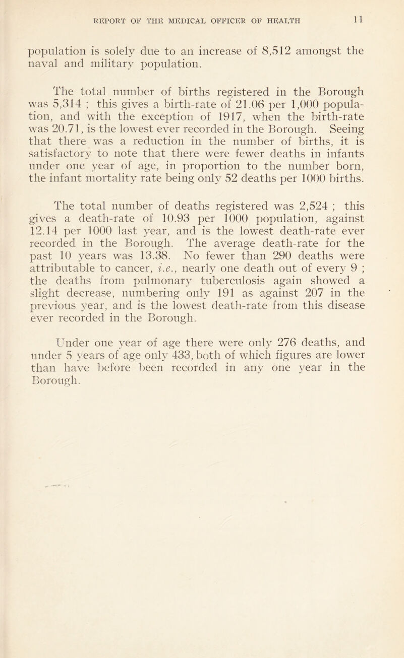 population is solely due to an increase of 8,512 amongst the naval and military population. The total number of births registered in the Borough was 5,314 ; this gives a birth-rate of 21.06 per 1,000 popula¬ tion, and with the exception of 1917, when the birth-rate was 20.71, is the lowest ever recorded in the Borough. Seeing that there was a reduction in the number of births, it is satisfactory to note that there were fewer deaths in infants under one year of age, in proportion to the number born, the infant mortality rate being only 52 deaths per 1000 births. The total number of deaths registered was 2,524 ; this gives a death-rate of 10.93 per 1000 population, against 12.14 per 1000 last year, and is the lowest death-rate ever recorded in the Borough. The average death-rate for the past 10 3^ears was 13.38. No fewer than 290 deaths were attributable to cancer, i.e., nearly one death out of every 9 ; the deaths from pulmonar}^ tuberculosis again showed a slight decrease, numbering only 191 as against 207 in the previous year, and is the lowest death-rate from this disease ever recorded in the Borough. Under one year of age there were onl^^ 276 deaths, and under 5 years of age only 433, both of which figures are lower than have before been recorded in any one year in the Borough.