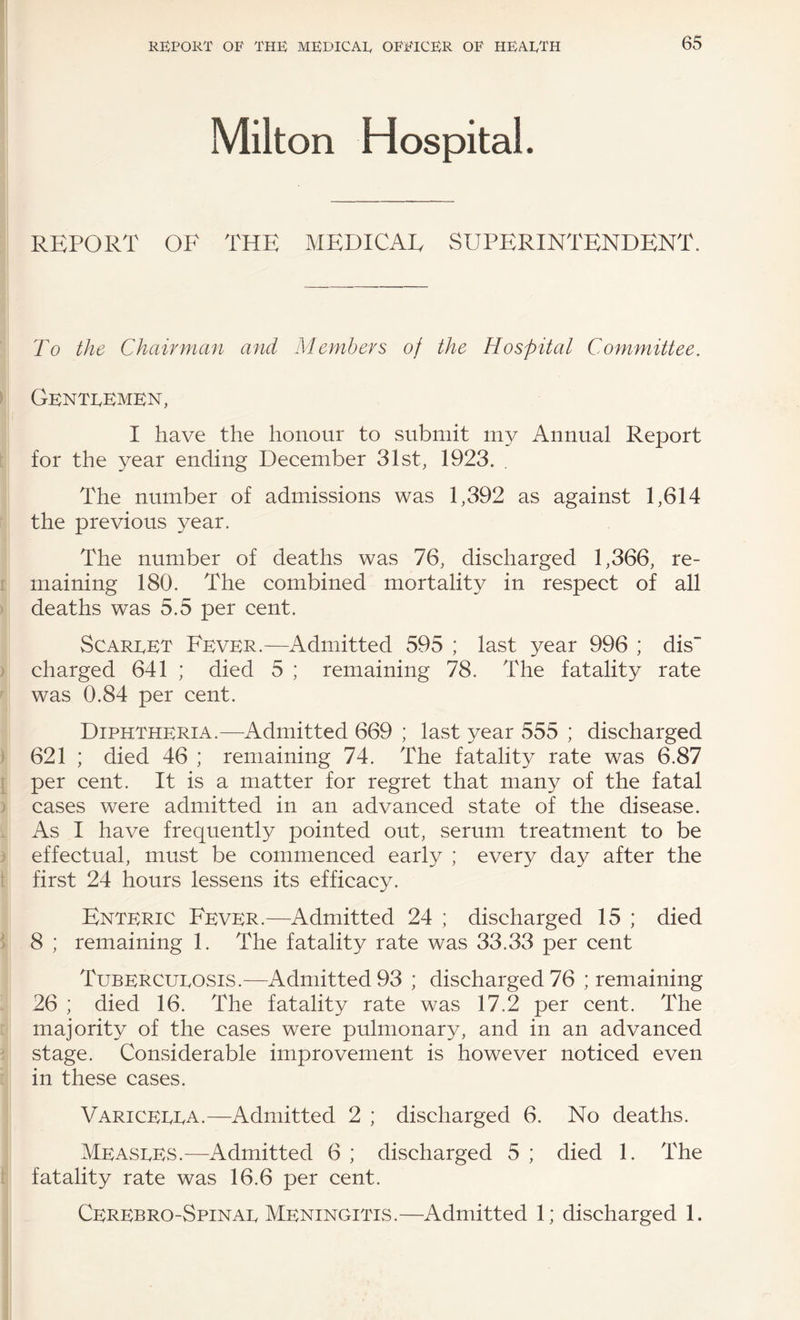Milton Hospital. REPORT OF THE MEDICAE SUPERINTENDENT. To the Chairman and Members of the Hospital Committee. ) Gentebmen, I have the honour to submit my Annual Report for the year ending December 31st, 1923. The number of admissions was 1,392 as against 1,614 the previous year. The number of deaths was 76, discharged 1,366, re- r maining 180. The combined mortality in respect of all ' deaths was 5.5 per cent. Scareet Fever.—Admitted 595 ; last year 996 ; dis > charged 641 ; died 5 ; remaining 78. The fatality rate was 0.84 per cent. Diphtheria.—Admitted 669 ; last year 555 ; discharged t 621 ; died 46 ; remaining 74. The fatality rate was 6.87 [ per cent. It is a matter for regret that many of the fatal ) cases were admitted in an advanced state of the disease. . As I have frequently pointed out, serum treatment to be I effectual, must be commenced early ; every day after the f first 24 hours lessens its efficacy. Enteric Fever.—Admitted 24 ; discharged 15 ; died 5 8 ; remaining 1. The fatality rate was 33.33 per cent Tubercueosis.—Admitted 93 ; discharged 76 ; remaining 26 ; died 16. The fatality rate was 17.2 per cent. The majority of the cases were pulmonary, and in an advanced ' stage. Considerable improvement is however noticed even in these cases. Variceeea.—Admitted 2 ; discharged 6. No deaths. Measees.—Admitted 6 ; discharged 5 ; died 1. The : fatality rate was 16.6 per cent. Cerebro-Spinae Meningitis.—Admitted 1; discharged 1.