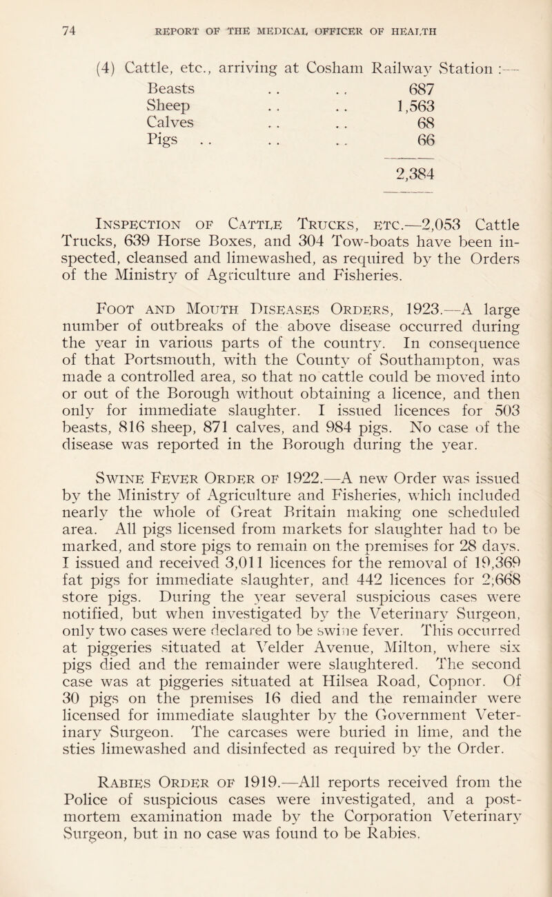 Cattle, etc., arriving at Cosham Railwa}^ Station ;— Beasts . . . . 687 Sheep .. .. 1,563 Calves . . . . 68 Pigs . . .. . . 66 Inspection of Cattee Trucks, etc.—2,053 Cattle Trucks, 639 Horse Boxes, and 304 Tow-boats have been in¬ spected, cleansed and limewashed, as required by the Orders of the Ministry of Agriculture and Fisheries. Foot and Mouth Diseases Orders, 1923.—A large number of outbreaks of the above disease occurred during the year in various parts of the country. In consequence of that Portsmouth, with the County of Southampton, was made a controlled area, so that no cattle could be moved into or out of the Borough without obtaining a licence, and then only for immediate slaughter. I issued licences for 503 beasts, 816 sheep, 871 calves, and 984 pigs. No case of the disease was reported in the Borough during the year. Swine Fever Order of 1922.—A new Order was issued by the Ministry of x\griculture and Fisheries, which included nearly the whole of Great Britain making one scheduled area. All pigs licensed from markets for slaughter had to be marked, and store pigs to remain on the premises for 28 days. I issued and received 3,011 licences for the removal of 19,369 fat pigs for immediate slaughter, and 442 licences for 2;668 store pigs. During the year several suspicious cases were notified, but when investigated by the Veterinary Surgeon, only two cases were declared to be swine fever. This occurred at piggeries situated at Velder Avenue, Milton, where six pigs died and the remainder were slaughtered. The second case was at piggeries situated at Hilsea Road, Copnor. Of 30 pigs on the premises 16 died and the remainder were licensed for immediate slaughter by the Government Veter¬ inary Surgeon. The carcases were buried in limie, and the sties limewashed and disinfected as required by the Order. Rabies Order of 1919.—All reports received from the Police of suspicious cases were investigated, and a post¬ mortem examination made by the Corporation Veterinar^^ Surgeon, but in no case was found to be Rabies.