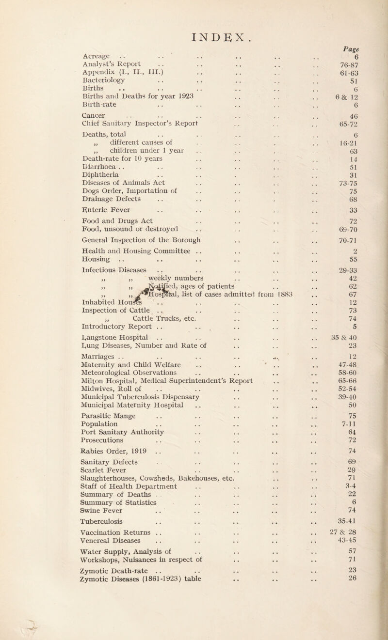 INDEX. Acreage Anal3'st’s Report Appendix (I,, II., III.) Bacteriology Births Births and Deaths for year 1923 Birth-rate Cancer Chief Sanitary Inspector’s Report Deaths, total ,, different causes of ,, children under 1 year Death-rate for 10 years Diarrhoea .. Diphtheria Diseases of Animals Act Dogs Order, Importation of Drainage Defects Enteric Fever Food and Drugs Act Food, unsound or destroyed General Inspection of the Borough Health and Housing Committee .. Housing Infectious Diseases >> M weekly numbers -^<4^ed, ages of patients >»Hosm1 ^Hospftal, list of cases admitted from 1883 Inhabited Hous^ .. Inspection of Cattle .. „ Cattle Trucks, etc. Introductory Report .. Eangstone Hospital Tung Diseases, Number and Rate of Marriages .. Maternity and Child Welfare Meteorological Observations Milton Hospital, Medical Superintendent’s Mid wives. Roll of Municipal Tuberculosis Dispensary Municipal Maternity Hospital Re Dort Parasitic Mange Population Port Sanitary Authority Prosecutions Page 6 76-87 61-63 51 6 6& 12 6 46 65-72 6 16-21 63 14 51 31 73-75 75 68 33 72 69- 70 70- 71 2 55 29-33 42 62 67 12 73 74 5 35 & 40 23 12 47-48 58-60 65-66 52-54 39-40 50 75 7-11 64 72 Rabies Order, 1919 .. .. .. .. .. 74 Sanitary Defects .. .. .. .. 69 Scarlet Fever . . .. .. .. 29 Slaughterhouses, Cowsheds, Bakehouses, etc. .. .. 71 Staff of Health Department .. .. .. .. 3-4 Summary of Deaths . .. .. .. .. 22 Summary of Statistics .. .. .. .. 6 Swine Fever .. .. .. .. .. 74 Tuberculosis .. .. .. .. 35-41 Vaccination Returns .. .. .. .. .. 27 & 28 Venereal Diseases .. .. .. .. .. 43-45 Water Supply, Analysis of .. .. .. .. 57 Workshops, Nuisances in respect of .. .. .. 71 Zymotic Death-rate .. .. .. .. .. 23 Zymotic Diseases (1861-1923) table .. .. .. 26