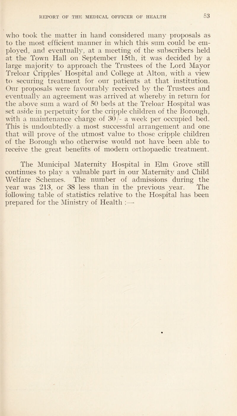 who took the matter in hand considered many proposals as to the most efficient manner in which this sum conkl be em¬ ployed, and eventually, at a meeting of the subscribers held at the Town Hall on September 15th, it was decided by a large majority to approach the Trustees of the Kord Mayor Treloar Cripples' Hospital and College at Alton, with a view to securing treatment for our patients at that institution. Our proposals were favourably received by the Trustees and eventually an agreement was arrived at whereby in return for the above sum a ward of 50 beds at the Treloar Hospital was set aside in perpetuity for the cripple children of the Borough, with a maintenance charge of 30/- a week per occupied bed. This is undoubtedly, a most successful arrangement and one that will prove of the utmost value to those cripple children of the Borough who otherwise would not have been able to receive the great benefits of modern orthopaedic treatment. The Municipal Maternity Hospital in Kim Grove still continues to play a valuable part in our Maternity and Child Welfare Schemes. The number of admissions during the year was 213, or 38 less than in the previous year. The following table of statistics relative to the Hospital has been prepared for the Ministry of Health ;—