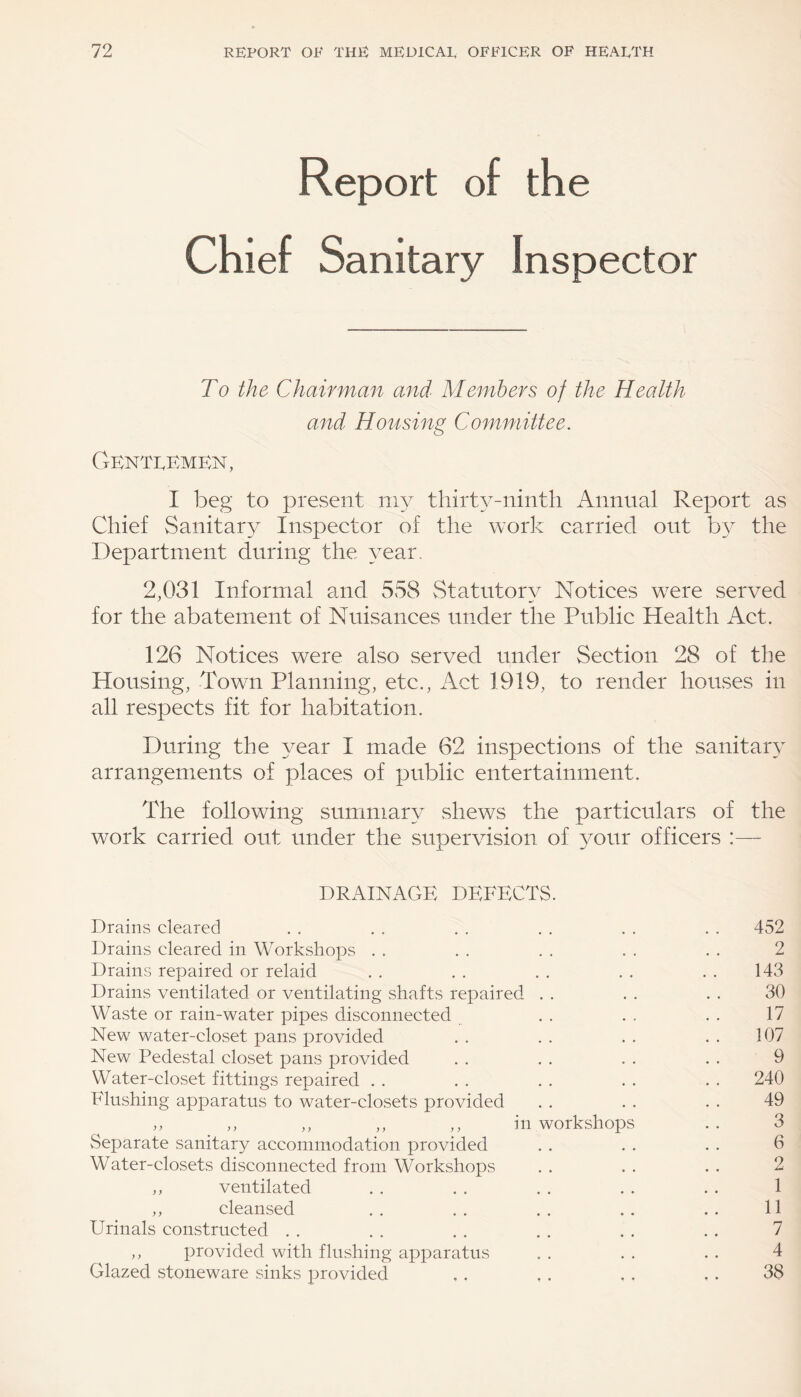 Report of the Chief Sanitary Inspector To the Chairman and Members of the Health and Housing Committee. Gentlemen, I beg to present my thirty-ninth Annual Report as Chief Sanitary Inspector of the work carried out by the Department during the year. 2,031 Informal and 558 Statutory Notices were served for the abatement of Nuisances under the Public Health Act. 126 Notices were also served under Section 28 of the Housing, Town Planning, etc., Act 1919, to render houses in all respects fit for habitation. During the year I made 62 inspections of the sanitary arrangements of places of public entertainment. The following summary shews the particulars of the work carried out under the supervision of your officers :— DRAINAGE DEFECTS. Drains cleared 452 Drains cleared in Workshops 2 Drains repaired or relaid 143 Drains ventilated or ventilating shafts repaired 30 Waste or rain-water pipes disconnected 17 New water-closet pans provided 107 New Pedestal closet pans provided 9 Water-closet fittings repaired 240 Mushing apparatus to water-closets provided 49 „ ,, ,, ,, ,, in workshops 3 Separate sanitary accommodation provided 6 Water-closets disconnected from Workshops 9 • • ~ ,, ventilated 1 ,, cleansed 11 Urinals constructed . . 7 ,, provided with flushing apparatus 4 Glazed stoneware sinks provided 38