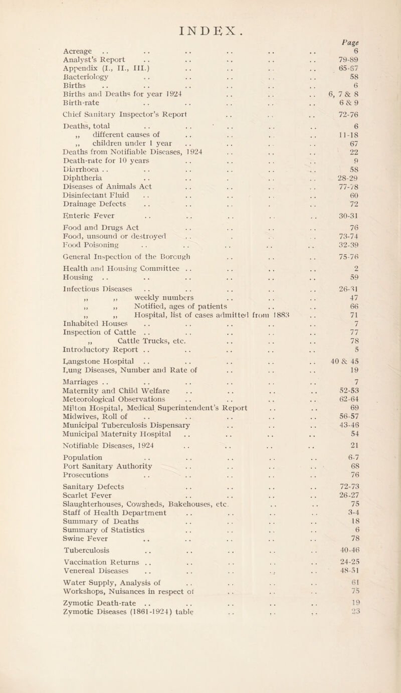 INDEX. Acreage Analyst’s Report Appendix (I., II., III.) Bacteriology Births Births and Deaths for year 1924 Birth-rate Chief Sanitary Inspector’s Report Deaths, total ,, different causes of ,, children under 1 year Deaths from Notifiable Diseases, 1924 Death-rate for 10 years Diarrhoea Diphtheria Diseases of Animals Act Disinfectant Fluid Drainage Defects Knteric Fever Food and Drugs Act Food, unsound or destroyed Food Poisoning General Inspection of the Borough Health and Housing Committee . . Housing Infectious Diseases ,, ,, weekly numbers ,, ,, Notified, ages of patients ,, ,, Hospital, list of cases admitted from Inhabited Houses Inspection of Cattle ,, Cattle Trucks, etc. Introductory Report Fangstone Hospital I,ung Diseases, Number and Rate of Marriages Maternity and Child Welfare Meteorological Observations Milton Hospital, Medical Superintendent’s Report Midwives, Roll of Municipal Tuberculosis Dispensary Municipal Maternity Hospital Notifiable Diseases, 1924 889 Page 6 79-89 65-S7 58 6 6, 7 & 8 6 & 9 72- 76 6 11-18 67 22 9 58 28-29 77-78 60 72 30-31 76 73- 74 32-39 75-76 2 59 26-31 47 66 71 7 77 78 5 40 & 45 19 7 52-53 62-64 69 56-57 43-46 54 21 Population .. . . . . .. . . 6-7 Port Sanitary Authority .. .. .. .. 68 Prosecutions .. .. . . . . .. 76 Sanitary Defects .. .. .. .. 72-73 Scarlet Fever .. . . . . . . 26-27 Slaughterhouses, Cowsheds, Bakehouses, etc. .. .. 75 Staff of Health Department .. .. .. . . 3-4 Summary of Deaths .. .. .. .. 18 Summary of Statistics .. .. .. .. 6 Swine Fever .. .. . . . . .. 78 Tuberculosis .. .. .. . . . . 40-46 Vaccination Returns .. .. . . . . . . 24-25 Venereal Diseases .. .. .. .. .. 48-51 Water Supply, Analysis of .. . . . . . . 61 Workshops, Nuisances in respect of . . . . . . 75 Zymotic Death-rate .. .. .. .. .. 19 Zymotic Diseases (1861-1924) table .. .. 23