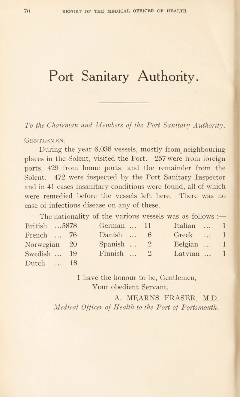 Port Sanitary Authority. To the Chairman and Members of the Port Sanitary Authority. GENTI.EMKN, During the year 6,036 vessels, mostly from neighbouring places in the Solent, visited the Port. 257 were from foreign ports, 429 from home ports, and the remainder from the Solent. 472 were inspected by the Port Sanitary Inspector and in 41 cases insanitary conditions were found, all of which were remedied before the vCvSsels left here. There was no case of infectious disease on any of these. The nationality of the various vessels was as follows :— British ... 5878 German ... 11 Italian 1 French ... 76 Danish ... 6 Greek 1 Norwegian 20 Spanish .., 2 Belgian ... 1 Swedish ... 19 Finnish ... 2 Eatvian ... 1 Dutch 18 I have the honour to be. Gentlemen, Your obedient Servant, A. MEARNS FRASER, M.D. Medical Officer of Health to the Port of Portsmouth.