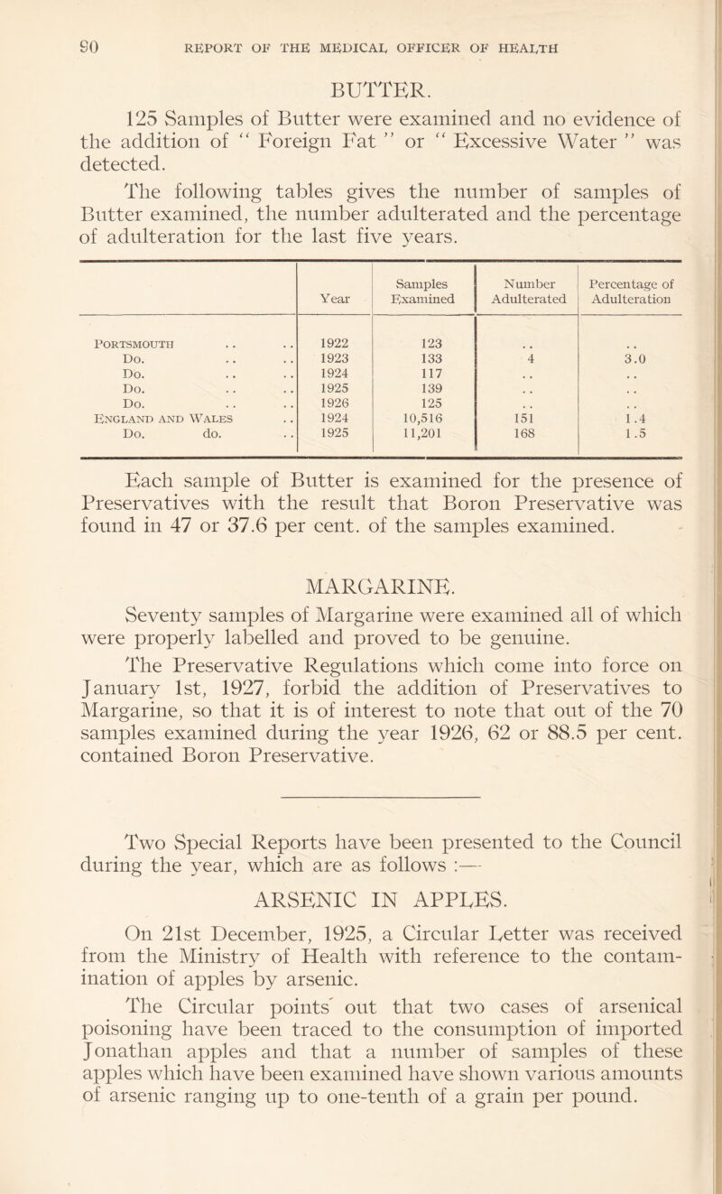 BUTTER. 125 Samples of Butter were examined and no evidence of the addition of ‘‘ Foreign Fat or '' Excessive Water was detected. The following tables gives the number of samples of Butter examined, the number adulterated and the percentage of adulteration for the last five years. Year Samples Examined Number Adulterated Percentage of Adulteration Portsmouth 1922 123 Do. • • • • 1923 133 4 3.0 Do. • • • • 1924 117 Do. • • • ♦ 1925 139 Do. . • • • 1926 125 England and Wales 1924 10,516 151 1.4 Do. do. 1925 11,201 168 1.5 Each sample of Butter is examined for the presence of Preservatives with the result that Boron Preservative was found in 47 or 37.6 per cent, of the samples examined. MARGARINE. Seventy samples of Margarine were examined all of which were properly labelled and proved to be genuine. The Preservative Regulations which come into force on January 1st, 1927, forbid the addition of Preservatives to Margarine, so that it is of interest to note that out of the 70 samples examined during the year 1926, 62 or 88.5 per cent, contained Boron Preservative. Two Special Reports have been presented to the Council | during the year, which are as follows :— • ARSENIC IN APPUES. > j On 21st December, 1925, a Circular Fetter was received | from the Ministry of Health with reference to the contain- ;! ination of apples by arsenic. The Circular points^ out that two cases of arsenical poisoning have been traced to the consumption of imported Jonathan apples and that a number of samples of these apples which have been examined have shown various amounts of arsenic ranging up to one-tenth of a grain per pound.