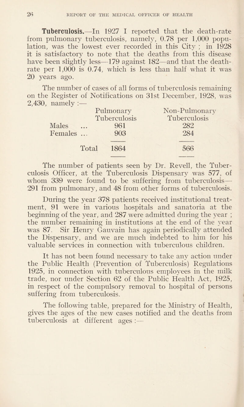 Tuberculosis.—In 1927 I reported that the death-rate from pulmonary tuberculosis, namely, 0.78 per 1,000 popu¬ lation, was the lowest ever recorded in this Cit}^ ; in 1928 it is satisfactory to note that the deaths from this disease have been slightly less—179 against 182—and that the death- rate per 1,000 is 0.74, which is less than half what it was 20 years ago. The number of cases of all forms of tuberculosis remaining on the Register of Notifications on 31st December, 1928, was 2,430, namely :— Pulmonary Tuberculosis Males ... 961 Females ... 903 Non-Pulmonary Tuberculosis 282 284 Total 1864 566 The number of patients seen by Dr. Revell, the Tuber¬ culosis Officer, at the Tuberculosis Dispensary was 577, of whom 339 were found to be suffering from tuberculosis— 291 from pulmonary, and 48 from other forms of tuberculosis. During the year 378 patients received institutional treat¬ ment, 91 were in various hospitals and sanatoria at the beginning of the year, and 287 were admitted during the year ; the number remaining in institutions at the end of the year was 87. Sir Henry Gauvain has again periodically attended the Dispensary, and we are much indebted to him for his valuable services in connection with tuberculous children. It has not been found necessary to take any action under the Public Health (Prevention of Tuberculosis) Regulations 1925, in connection with tuberculous employees in the milk trade, nor under Section 62 of the Public Health Act, 1925, in respect of the compulsory removal to hospital of persons suffering from tuberculosis. The following table, prepared for the Ministry of Health, gives the ages of the new cases notified and the deaths from tuberculosis at different ages :—