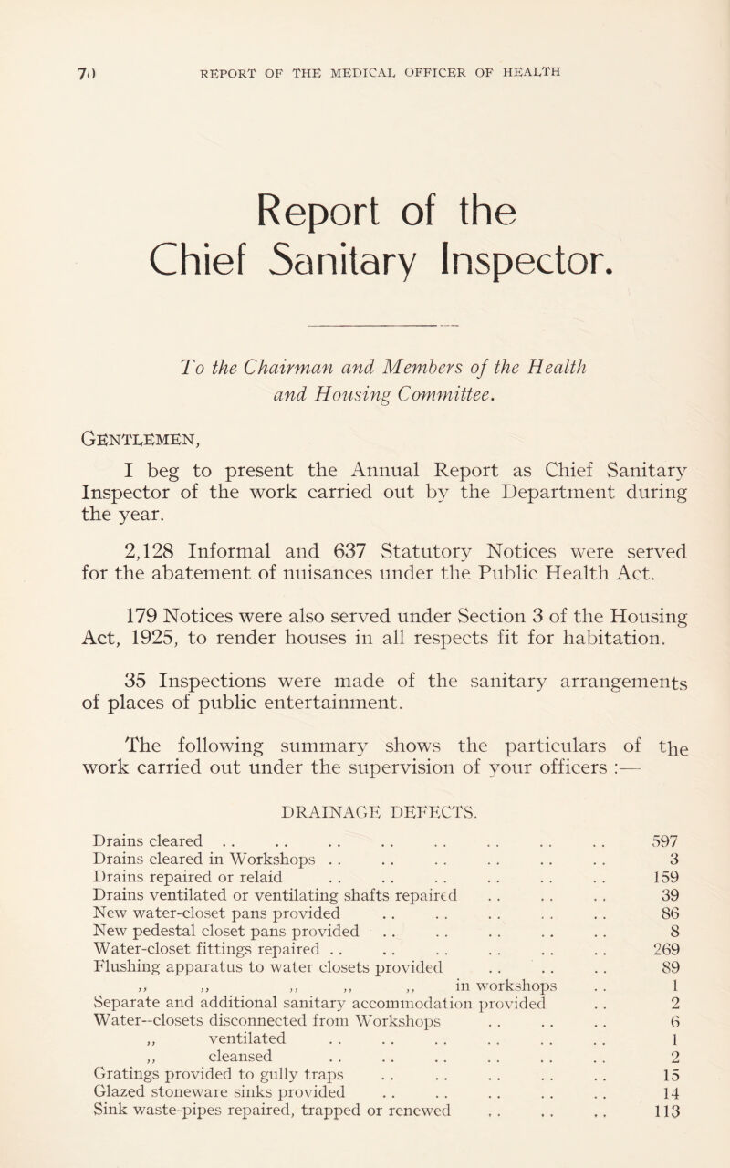 Report of the Chief Sanitary Inspector. To the Chairman and Members of the Health and Housing Committee. Gknti,bmen, I beg to present the Annual Report as Chief Sanitary Inspector of the work carried out by the Department during the year. 2,128 Informal and 637 Statutory Notices were served for the abatement of nuisances under the Public Health Act. 179 Notices were also served under Section 3 of the Housing Act, 1925, to render houses in all respects fit for habitation. 35 Inspections were made of the sanitary arrangements of places of public entertainment. The following summary shows the particulars of tPe work carried out under the supervision of your officers :— DRAINAGE DEFECTS. Drains cleared . . . . . . . . . . . . . . . . 597 Drains cleared in Workshops . . . . . . . . .. . . 3 Drains repaired or relaid . . . . . . . . . . . . 159 Drains ventilated or ventilating shafts repaired . . . . . . 39 New water-closet pans provided . . . . . . . . . . 86 New pedestal closet pans provided . . . . . . . . . . 8 Water-closet fittings repaired . . . . . . . . . . . . 269 Flushing apparatus to water closets provided . . . . . . 89 ,, ^ ^ ,, ,, ,, in workshops . . 1 Separate and additional sanitary accommodation provided . . 2 Water-closets disconnected from Workshops . . . . . . 6 ,, ventilated . . . . . . . . . . . , 1 ,, cleansed . . .. . . . . . . . . 2 Gratings provided to gully traps . . . . . . . . . . 15 Glazed stoneware sinks provided . . . . . . . . . . 14 Sink waste-pipes repaired, trapped or renewed . . , . . . 113