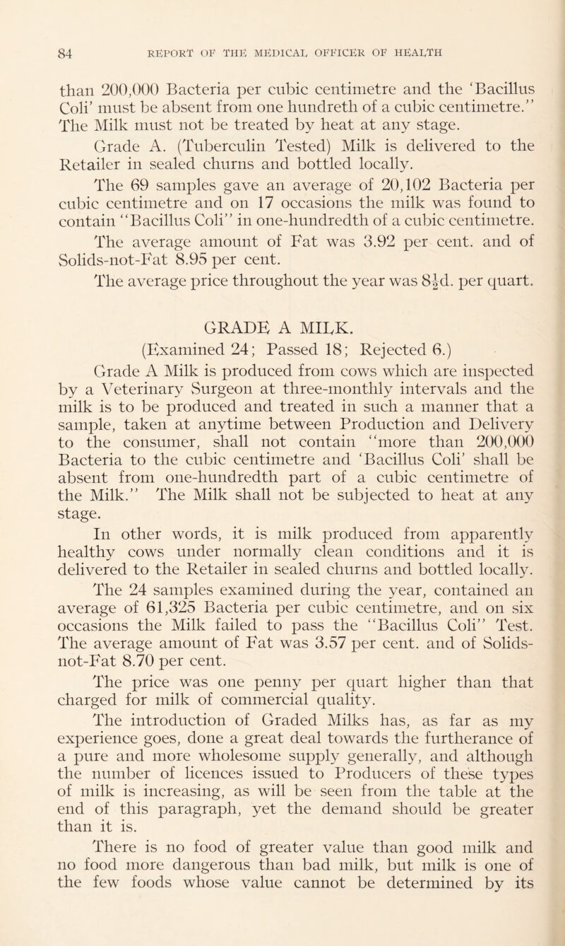 than 200,000 Bacteria per cubic centimetre and the ‘Bacillus Coli' must be absent from one hnndreth of a cubic centimetre/’ The Milk must not be treated by heat at any stage. Grade A. (Tuberculin Tested) Milk is delivered to the Retailer in sealed churns and bottled locally. The 69 samples gave an average of 20,102 Bacteria per cubic centimetre and on 17 occasions the milk was found to contain “Bacillus Coli” in one-hundredth of a cubic centimetre. The average amount of Fat was 3.92 per cent, and of Solids-not-Fat 8.95 per cent. The average price throughout the year was 8-|d. per quart. GRADE A MILK. (Examined 24; Passed 18; Rejected 6.) Grade A Milk is produced from cows which are inspected by a Veterinary Surgeon at three-monthly intervals and the milk is to be produced and treated in such a manner that a sample, taken at anytime between Production and Delivery to the consumer, shall not contain “more than 200,000 Bacteria to the cubic centimetre and ‘Bacillus Coli’ shall be absent from one-hundredth part of a cubic centimetre of the Milk.’’ The Milk shall not be subjected to heat at any stage. In other words, it is milk produced from apparently healthy cows under normally clean conditions and it is delivered to the Retailer in sealed churns and bottled locally. The 24 samples examined during the year, contained an average of 61,325 Bacteria per cubic centimetre, and on six occasions the Milk failed to pass the “Bacillus Coli’’ Test. The average amount of Fat was 3.57 per cent, and of Solids- not-Fat 8.70 per cent. The price was one penny per quart higher than that charged for milk of commercial quality. The introduction of Graded Milks has, as far as my experience goes, done a great deal towards the furtherance of a pure and more wholesome supply generally, and although the number of licences issued to Producers of these types of milk is increasing, as will be seen from the table at the end of this paragraph, yet the demand should be greater than it is. There is no food of greater value than good milk and no food more dangerous than bad milk, but milk is one of the few foods whose value cannot be determined by its