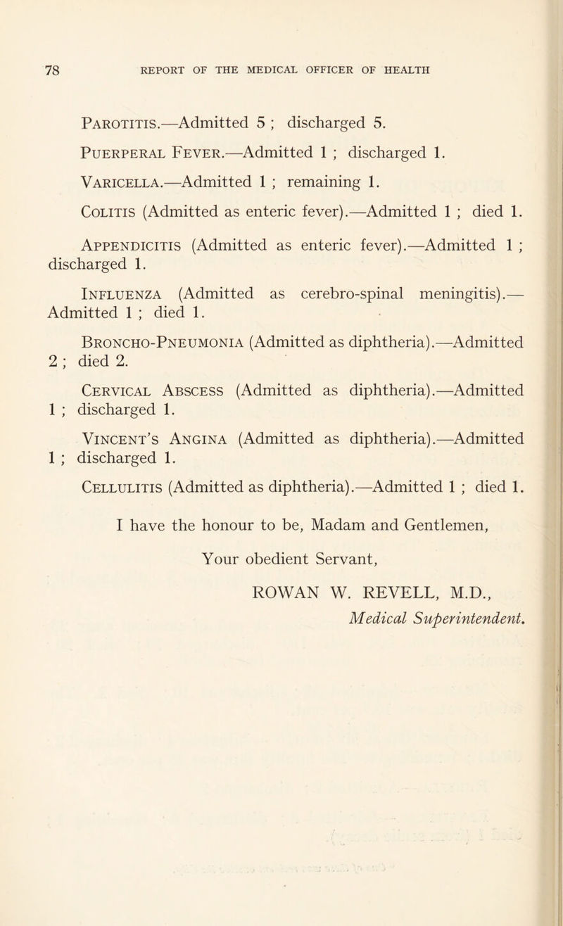 Parotitis.—Admitted 5 ; discharged 5. Puerperal Fever.—Admitted 1 ; discharged 1. Varicella.—Admitted 1 ; remaining 1. Colitis (Admitted as enteric fever).—Admitted 1 ; died 1. Appendicitis (Admitted as enteric fever).—Admitted 1 ; discharged 1. Influenza (Admitted as cerebro-spinal meningitis).— Admitted 1 ; died 1. Broncho-Pneumonia (Admitted as diphtheria).—Admitted 2 ; died 2. Cervical Abscess (Admitted as diphtheria).—Admitted 1 ; discharged 1. Vincent’s Angina (Admitted as diphtheria).—Admitted 1 ; discharged 1. Cellulitis (Admitted as diphtheria).—Admitted 1 ; died 1. I have the honour to be, Madam and Gentlemen, Your obedient Servant, ROWAN W. REVELL, M.D., Medical Superintendent,
