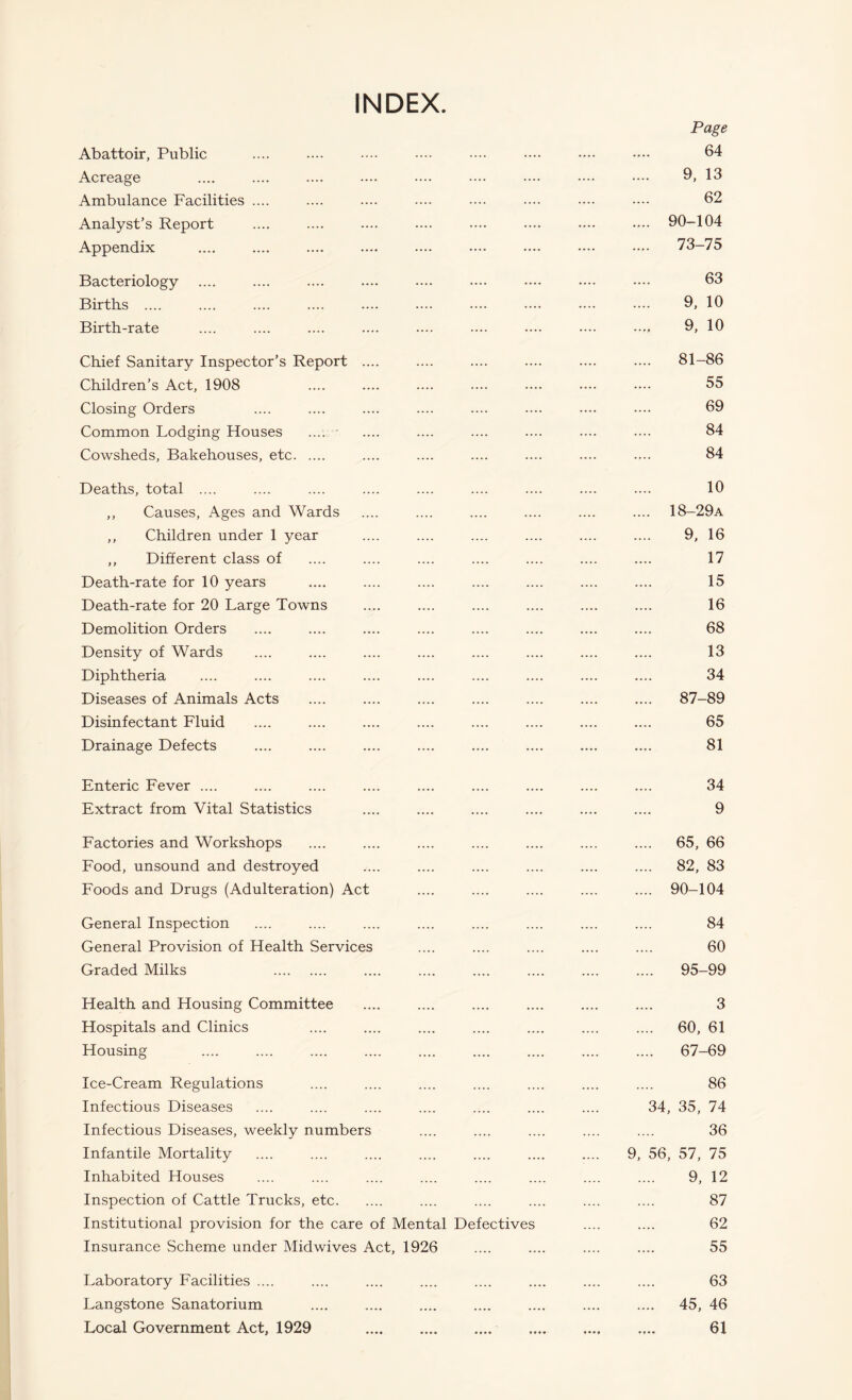 INDEX Abattoir, Public Acreage Ambulance Facilities .... Analyst’s Report Appendix Bacteriology Births .... Birth-rate Chief Sanitary Inspector’s Report Children’s Act, 1908 Closing Orders Common Lodging Houses _’ Cowsheds, Bakehouses, etc. Deaths, total .... ,, Causes, Ages and Wards ,, Children under 1 year ,, Different class of Death-rate for 10 years Death-rate for 20 Large Towns Demolition Orders Density of Wards Diphtheria Diseases of Animals Acts Disinfectant Fluid Drainage Defects Page 64 9, 13 62 90-104 73-75 63 9, 10 9, 10 81-86 55 69 84 84 10 18-29A 9, 16 17 15 16 68 13 34 87-89 65 81 Enteric Fever .... Extract from Vital Statistics Eactories and Workshops Food, unsound and destroyed Foods and Drugs (Adulteration) Act General Inspection General Provision of Health Services Graded Milks . Health and Housing Committee Hospitals and Clinics Housing Ice-Cream Regulations Infectious Diseases Infectious Diseases, weekly numbers Infantile Mortality Inhabited Houses Inspection of Cattle Trucks, etc. Institutional provision for the care of Mental Defective Insurance Scheme under Midwives Act, 1926 Laboratory Facilities .... Langstone Sanatorium Local Government Act, 1929 . 34 9 .... 65, 66 .... 82, 83 .... 90-104 84 60 .... 95-99 3 .... 60, 61 .... 67-69 86 34, 35, 74 36 9, 56, 57, 75 9, 12 87 62 55 63 .... 45, 46 61
