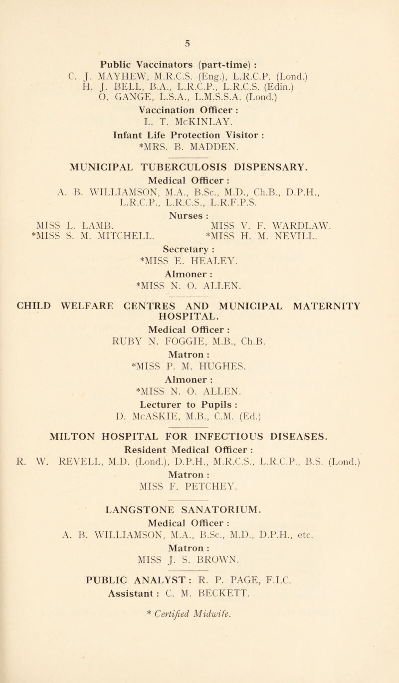 Public Vaccinators (part-time) : C. J. MAYHEW, M.R.C.S. (Eng.), L.R.C.P. (Lond.) H. J. BELL, B.A., L.R.C.P., L.R.C.S. (Edin.) b. GANGE, L.S.A., L.M.S.S.A. (Lond.) Vaccination Officer : L. T. McKINLAY. Infant Life Protection Visitor : *MRS. B. MADDEN. MUNICIPAL TUBERCULOSIS DISPENSARY. Medical Officer : A. B. WILLIAMSON, M.A., B.Sc., M.D., Ch.B., D.P.H., L.R.C.P., L.R.C.S., L.R.E.P.S. Nurses i MISS L. LAMB. * MISS V. E. WARDLAW. *MISS S. M. MITCHELL. *MISS H. M. NEVILL. Secretary : *MISS E. HEALEY. Almoner : *MISS N. O. ALLEN. CHILD WELFARE CENTRES AND MUNICIPAL MATERNITY HOSPITAL. Medical Officer : RUBY N. EOGGIE, M.B., Ch.B. Matron : *MISS P. M. HUGHES. Almoner : *MISS N. O. ALLEN. Lecturer to Pupils : D. McASKIE, M.B., C.M. (Ed.) MILTON HOSPITAL FOR INFECTIOUS DISEASES. Resident Medical Officer : R. W. REVELL, M.D. (Lond.), D.P.H., M.R.C.S., L.R.C.P., B.S. (Lond.) Matron : MISS E. PETCHEY. LANGSTONE SANATORIUM. Medical Officer : A. B. WILLIAMSON, M.A., B.Sc., M.D., D.P.H., etc. Matron : MISS J. S. BROWN. PUBLIC ANALYST : R. P. PAGE, E.I.C. Assistant: C. M. BECKETT.