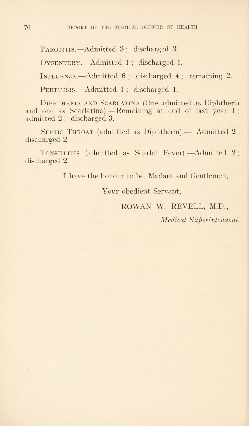 Parotitis.—Admitted 3 ; discharged 3. Dysentery.—Admitted 1 ; discharged 1. Influenza.—Admitted 6 ; discharged 4 ; remaining 2. Pertussis.—Admitted 1 ; discharged 1. Diphtheria and Scarlatina (One admitted as Diphtheria and one as Scarlatina).—Remaining at end of last year 1 ; admitted 2 ; discharged 3. Septic Throat (admitted as Diphtheria).— Admitted 2 ; discharged 2. Tonsillitis (admitted as Scarlet Fever).—-Admitted 2; discharged 2. I have the honour to be, Madam and Gentlemen, Your obedient Servant, ROWAN W. REVELL, M.D., Medical Superintendent.