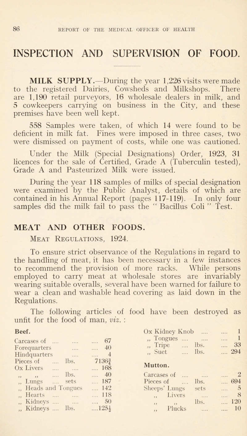 INSPECTION AND SUPERVISION OF FOOD. MILK SUPPLY.—During the year 1,226 visits were made to the registered Dairies, Cowsheds and Milkshops. There are 1,190 retail purveyors, 16 wholesale dealers in milk, and 5 cowkeepers carrying on business in the City, and these premises have been well kept. 558 Samples were taken, of which 14 were found to be deficient in milk fat. Fines were imposed in three cases, two were dismissed on payment of costs, while one was cautioned. Under the Milk (Special Designations) Order, 1923, 31 licences for the sale of Certified, Grade A (Tuberculin tested). Grade A and Pasteurized Milk were issued. During the year 118 samples of milks of special designation were examined by the Public Analyst, details of which are contained in his Annual Report (pages 117-119). In only four samples did the milk fail to pass the '' Bacillus Coli Test. MEAT AND OTHER FOODS. Meat Regulations, 1924. To ensure strict observance of the Regulations in regard to the handling of meat, it has been necessary in a few instances to recommend the provision of more racks. While persons employed to carry meat at wholesale stores are invariably wearing suitable overalls, several have been warned for failure to wear a clean and washable head covering as laid down in the Regulations. The following articles of food have been destroyed as unfit for the food of man, viz. : Beef. Ox Kidney Knob .... 1 Carcases of ... .... 67 ,, Tongues .... .... 1 Forequarters Hindquarters .... .... 40 .... 4 „ Tripe ,, Suet lbs. lbs. .... 33 .... 294 Pieces of lbs. 7136f Mutton. Ox Livers .... 168 )} )> lbs. .... 40 Carcases of .... .... 2 „ Lungs . sets .... 187 Pieces of lbs. .... 694 ,, Heads and Tongues .... 142 Sheeps’ Lungs sets 5 ,, Hearts .... 118 ,, Livers .... 8 ,, Kidneys ... . .... .... 50 y y ) y lbs! .... 120 ....