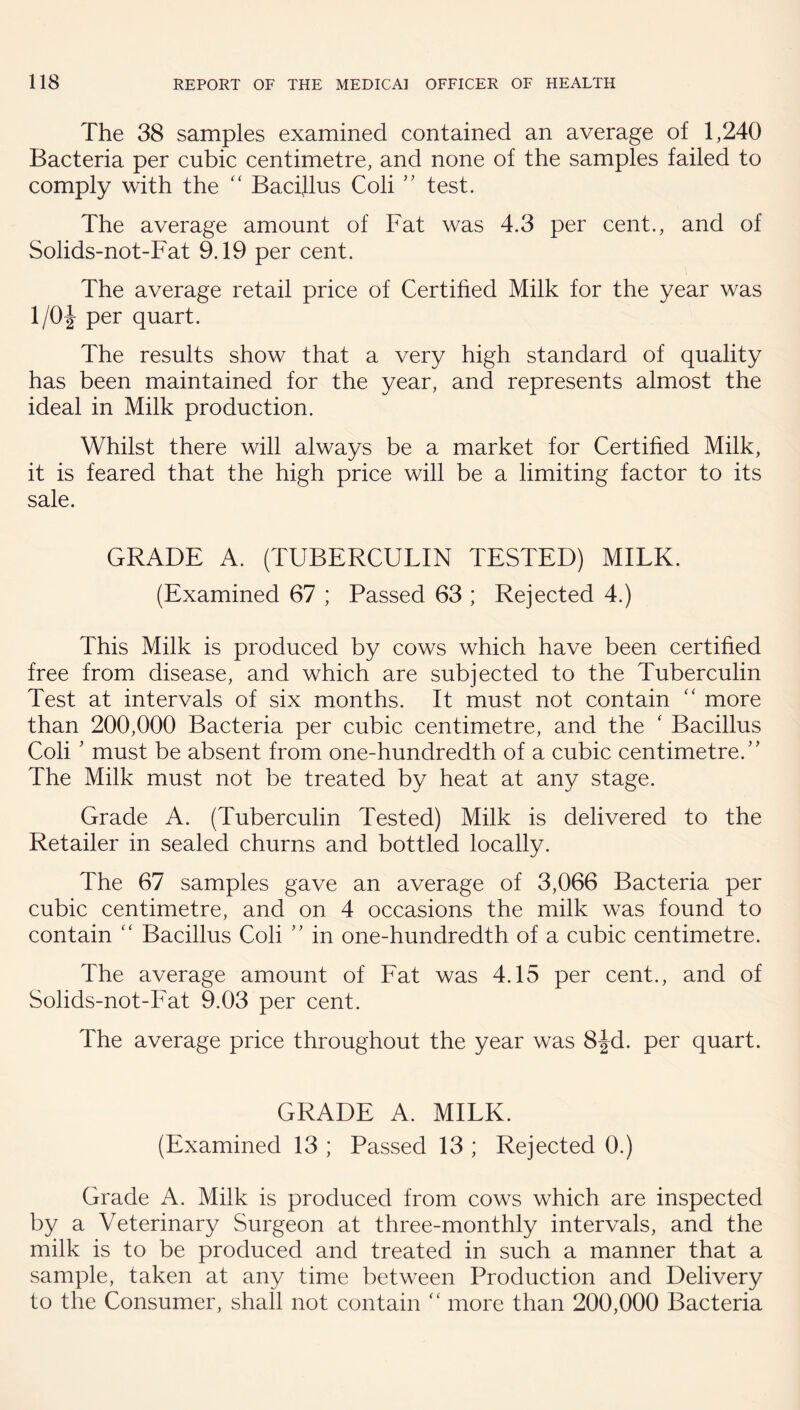 The 38 samples examined contained an average of 1,240 Bacteria per cubic centimetre, and none of the samples failed to comply with the ‘‘ Bacijlus Coli test. The average amount of Fat was 4.3 per cent., and of Solids-not-Fat 9.19 per cent. The average retail price of Certified Milk for the year was 1/0| per quart. The results show that a very high standard of quality has been maintained for the year, and represents almost the ideal in Milk production. Whilst there will always be a market for Certified Milk, it is feared that the high price will be a limiting factor to its sale. GRADE A. (TUBERCULIN TESTED) MILK. (Examined 67 ; Passed 63 ; Rejected 4.) This Milk is produced by cows which have been certified free from disease, and which are subjected to the Tuberculin Test at intervals of six months. It must not contain '' more than 200,000 Bacteria per cubic centimetre, and the ' Bacillus Coli ' must be absent from one-hundredth of a cubic centimetre.’' The Milk must not be treated by heat at any stage. Grade A. (Tuberculin Tested) Milk is delivered to the Retailer in sealed churns and bottled locally. The 67 samples gave an average of 3,066 Bacteria per cubic centimetre, and on 4 occasions the milk was found to contain Bacillus Coli ” in one-hundredth of a cubic centimetre. The average amount of Fat was 4.15 per cent., and of Solids-not-Fat 9.03 per cent. The average price throughout the year was 8Jd. per quart. GRADE A. MILK. (Examined 13 ; Passed 13 ; Rejected 0.) Grade A. Milk is produced from cows which are inspected by a Veterinary Surgeon at three-monthly intervals, and the milk is to be produced and treated in such a manner that a sample, taken at any time between Production and Delivery to the Consumer, shall not contain more than 200,000 Bacteria