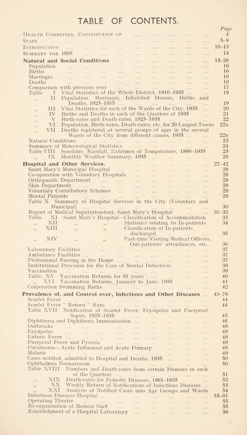 TABLE OF CONTENTS. Page Health Committee, Constitution of .... .... .... .... .... 4 Staff .... .... .... ... .... ... •••■ ■••• ... 5-9 Introduction .... .... .... .... .... .... .... .... 10-13 Summary for 1935 .... .... .... .... .... .... .... .... 14 Natural and Social Conditions . 15-26 Population .... .... .... .... .... .... .... .... .... 16 Births .... .... .... .... .... .... .... 16 Marriages .... .... .... .... .... .... .... .... .... 16 Deaths .... .... .... .... ... .... .... .... .... 16 Comparison with previous year .... .... .... .... .... .... 17 Table I Vital Statistics of the Whole District, 1910-1935 .... .... 18 ,, II Population, Marriages, Inhabited Houses, Births and Deaths, 1925—1935 .... .... .... .... .... .... 19 ,, III Vital Statistics for each of the Wards of the City, 1935 .... 20 ,, IV Births and Deaths in each of the Quarters of 1935 .... 21 ,, V Birth-rates and Death-rates, 1925-1935 .... .... .... 22 ,, VI Population, Birth-rates, Death-rates, etc. for 20 Largest Towns 22a ,, VII Deaths registered at several groups of ages in the several Wards of the City from different causes, 1935 .... .... 22b Natural Conditions .... .... .... .... .... .... .... .... 23 Summary of Meteorological Statistics .... .... .... .... .... 24 Table VIII Sunshine, Rainfall, Extremes of Temperature, 1890-1935 25 ,, IX Monthly Weather Summary, 1935 .... .... .... .... 26 Hospital and Other Services. .... .... 27-42 Saint Mary’s Municipal Hospital .... .... .... .... .... .... 28 Co-operation with Voluntary Hospitals .... .... .... .... .... 28 Orthopaedic Department .... .... .... .... .... .... .... 29 Skin Department .... .... .... .... .... .... .... .... 29 Voluntary Contributory Schemes .... .... .... .... .... .... 29 Mental Patients .... .... .... .... .... .... .... .... 29 Table X Summary of Hospital Services in the City (Voluntary and Municipal) .... .... .... .... .... .... .... .... 30 Report of Medical Superintendent, Saint Mary’s Hospital .... .... 31—32 Table XI Saint Mary’s Hospital—Classification of Accommodation 33 ,, XII ,, ,, Statistics relating to In-patients 34 ,, XIII ,, ,, Classification of In-patients discharged .... .... .... 35 ,, XIV ,, ,, Part-time Visiting Medical Officers, Out-patients’ attendances, etc. 36 Laboratory Facilities .... .... .... .... .... .... .... 37 Ambulance Facilities .... .... .... .... .... .... .... .... 37 Professional Nursing in the Home .... .... .... .... .... .... 37 Institutional Provision for the Care of Mental Defectives .... .... 38 Vaccination .... .... .... .... .... .... .... .... .... 39 Table XV Vaccination Returns for 31 years .... .... .... .... 40 ,, XVI Vaccination Returns, January to June, 1935 .... 41 Corporation Swimming Baths .... .... .... .... .... .... 42 Prevalence of, and Control over, Infectious and Other Diseases 43-78 Scarlet Fever .... .... .... .... .... .... ... .... .... 44 Scarlet Fever “ Return ” Rate .... .... .... .... .... .... 44 Table XVII Notification of Scarlet Fever, Erysipelas and Puerperal Sepsis, 1925-1935 .... .... ... .... .... 45 Diphtheria and Diphtheria Immunisation .... .... .... .... .... 46 Outbreaks .... .... .... .... .... .... .... .... 49 Erysipelas .... .... .... .... .... .... .... .... .... 49 Enteric Fever .... .... .... .... .... .... .... .... .... 49 Puerperal Fever and Pyrexia .... .... .... .... .... .... 49 Pneumonia—Acute Influenzal and Acute Primary .... .... .... 49 Malaria .... .... .... .... .... .... .... .... .... 49 Cases notified, admitted to Hospital and Deaths, 1935 .... .... .... 50 Ophthalmia. Neonatorum .... .... .... .... .... .... .... 50 Table XVIII Numbers and Death-rates from certain Diseases in each of the Quarters .... .... .... .... .... .... 51 ,, XIX Death-rates for Zymotic Diseases, 1861-1935 .... 52 ,, XX Weekly Return of Notifications of Infectious Diseases .... 53 ,, XXI Analysis of Notified Cases into Age Groups and Wards 54 Infectious Diseases Hospital .... .... .... .... .... .... .... 55-61 Operating Theatre .... .... .... .... .... .... .... .... 55 Re-organisation of Medical Staff .... .... .... .... .... .... 55 Establishment of a Hospital Laboratory .... .... .... .... .... 56