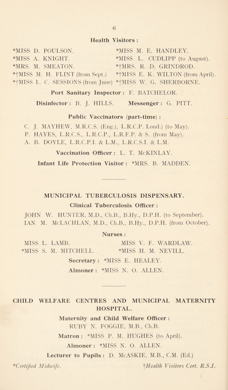 Health Visitors : *JVIISS D. POULSON. *MISS M. E. HANDLEY. *MISS A. KNIGHT. *MISS L. CUDLIPP (to August). *MRS. M. SMEATON. *|MRS. R. D. GRINDROD. *|MISS M. H. FLINT (from Sept.) *JMISS E. K. WILTON (from April). *|MISS L. C, SESSIONS (from June) *JMISS W. G. SHERBORNE. Port Sanitary Inspector : F. BATCHELOR. Disinfector: B. J. HILLS. Messenger: G. PITT. Public Vaccinators (part-time) : C. J. MAYHEW, M.R.C.S. (Eng.), L.R.C.P. Lond.) (to May). P. HAYES, L.R.C.S., L.R.C.P., L.R.E.P. & S. (from May). A. B. DOYLE, L.R.C.P.I. & L.M., L.R.C.S.I. & L.M. Vaccination Officer : L. T. McKINLAY. Infant Life Protection Visitor : *MRS. B. MADDEN. MUNICIPAL TUBERCULOSIS DISPENSARY. Clinical Tuberculosis Officer : JOHN W. HUNTER, M.D., Ch.B., B.Hy., D.P.H. (to September). IAN M. McLACHLAN, M.D., Ch.B., B.Hy., D.P.H. (from October). Nurses : MISS L. LAMB. MISS V. F. WARDLAW. *MISS S. M. MITCHELL. *MISS H. M. NEVILL. Secretary: *MISS E. HEALEY. Almoner: *MISS N. O. ALLEN. CHILD WELFARE CENTRES AND MUNICIPAL MATERNITY HOSPITAL. Maternity and Child Welfare Officer : RUBY N. FOGGIE, M.B., Ch.B. Matron : *MISS P. M. HUGHES (to April). Almoner : *MISS N. O. ALLEN. Lecturer to Pupils : D. McASKIE, M.B., C.M. (Ed.) * Certified Midwife, J Health Visitors Cert. R.S.I.