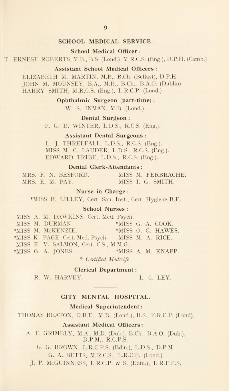 SCHOOL MEDICAL SERVICE. School Medical Officer : T. ERNEST ROBERTS, M.B., B.S. (Lond.), M.R.C.S. (Eng.), D.P.H. (Camb.) Assistant School Medical Officers : ELIZABETH M. MARTIN, M.B., B.Ch, (Belfast), D.P.H. JOHN M. MOUNSEY, B.A., M.B., B.Ch., B.A.O. (Dublin). HARRY SMITH, M.R.C.S. (Eng.), L.R.C.P. (Lond.). Ophthalmic Surgeon (part-time) : W. S. INMAN, M.B. (Lond.). Dental Surgeon : P. G. D. WINTER, L.D.S., R.C.S. (Eng.). Assistant Dental Surgeons : L. J. THRELFALL, L.D.S., R.C.S. (Eng.). MISS M. C. LAUDER, L.D.S., R.C.S. (Eng.): EDWARD TRIBE, L.D.S., R.C.S. (Eng.). Dental Clerk-Attendants : MRS. E. N. BESFORD. MISS M. FERBRACHE. MRS. E. M. PAY. MISS I. G. SMITH. Nurse in Charge : *MISS B. LILLEY, Cert. San. Inst., Cert. Hygiene B.E. School Nurses : MISS A. M. DAWKINS, Cert. Med. Psych. MISS M. DURMAN. *MISS G. A. COOK. *miss m. McKenzie. *miss o. g. hawes. *MISS K. PAGE, Cert. Med. Psych. MISS M. A. RICE. MISS E. V. SALMON, Cert. C.S., M.M.G. *MISS G. A. JONES. *MISS A. M. KNAPP. * Certified Midwife. Clerical Department: R. W. HARVEY. L. C. LEY. CITY MENTAL HOSPITAL. Medical Superintendent: THOMAS BEATON, O.B.E., M.D. (Lond.), B.S., F.R.C.P. (Lond). Assistant Medical Officers: A. F. GRIMBLY, M.A., M.D. (Dub.), B.Ch., B.A.O. (Dub.), D.P.M., R.C.P.S. G. G. BROWN, L.R.C.P.S. (Edin.), L.D.S., D.P.M. G. A. BETTS, M.R.C.S., L.R.C.P. (Lond.) J. P. McGUINNESS, L.R.C.P. & S. (Edin.), L.R.F.P.S.