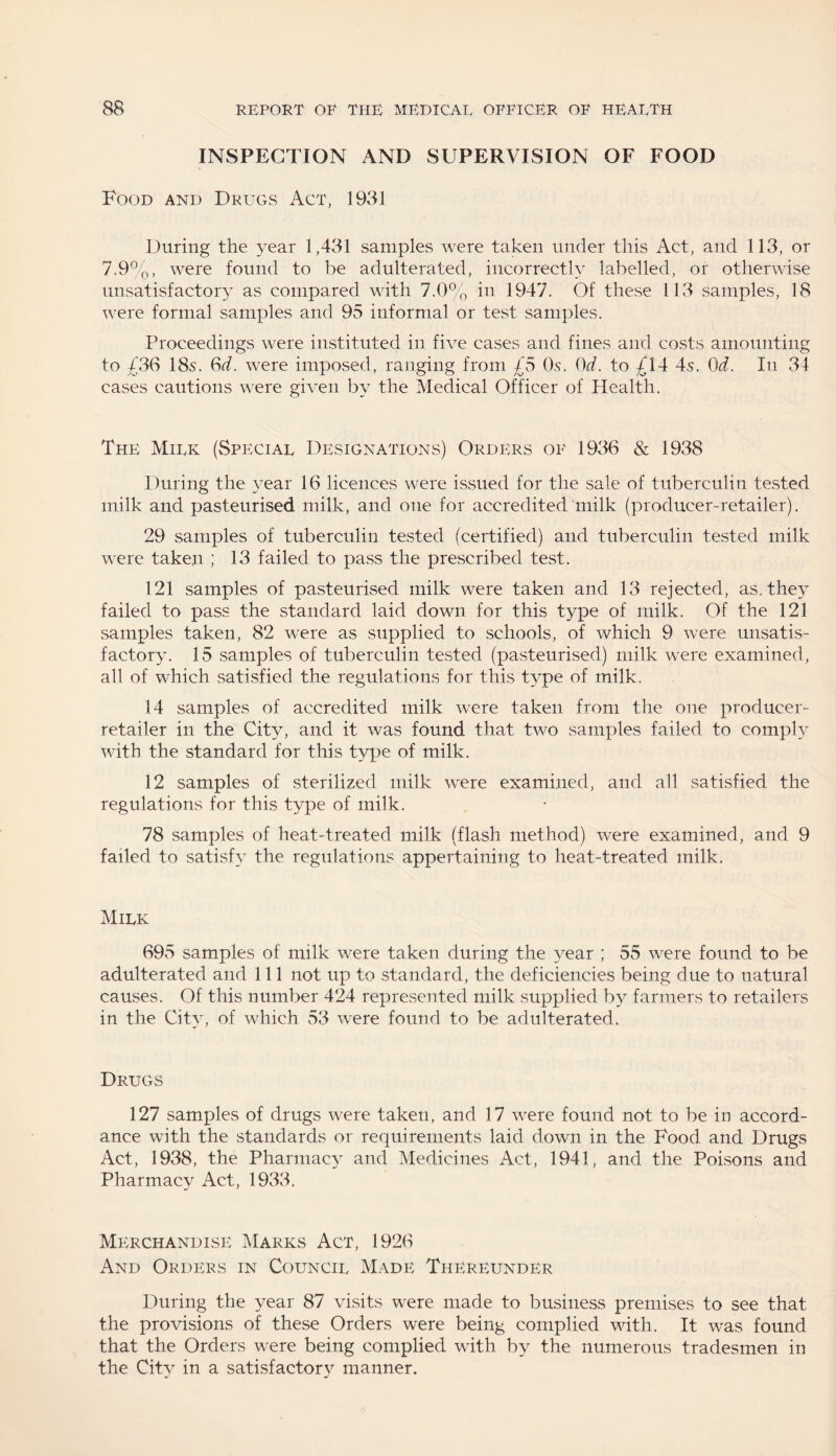 INSPECTION AND SUPERVISION OF FOOD Food and Drugs Act, 1931 During the year 1,431 samples were taken under this Act, and 113, or 7.9%, were found to be adulterated, incorrectly labelled, or otherwise unsatisfactory as compared with 7.0% in 1947. Of these 113 samples, 18 were formal samples and 95 informal or test samples. Proceedings were instituted in five cases and fines and costs amounting to £36 18s. 6d. were imposed, ranging from £5 Os. 0d. to £ 14 4s. 0d. In 34 cases cautions were given by the Medical Officer of Health. The Milk (Special Designations) Orders of 1936 & 1938 During the year 16 licences were issued for the sale of tuberculin tested milk and pasteurised milk, and one for accredited milk (producer-retailer). 29 samples of tuberculin tested (certified) and tuberculin tested milk were taken ; 13 failed to pass the prescribed test. 121 samples of pasteurised milk were taken and 13 rejected, as. they failed to pass the standard laid down for this type of milk. Of the 121 samples taken, 82 were as supplied to schools, of which 9 were unsatis¬ factory. 15 samples of tuberculin tested (pasteurised) milk were examined, all of which satisfied the regulations for this type of milk. 14 samples of accredited milk were taken from the one producer- retailer in the City, and it was found that two samples failed to comply with the standard for this type of milk. 12 samples of sterilized milk were examined, and all satisfied the regulations for this type of milk. 78 samples of heat-treated milk (flash method) were examined, and 9 failed to satisfy the regulations appertaining to heat-treated milk. Milk 695 samples of milk were taken during the }^ear ; 55 were found to be adulterated and 111 not up to standard, the deficiencies being due to natural causes. Of this number 424 represented milk supplied by farmers to retailers in the City, of which 53 were found to be adulterated. Drugs 127 samples of drugs were taken, and 17 were found not to be in accord¬ ance with the standards or requirements laid down in the Food and Drugs Act, 1938, the Pharmacy and Medicines Act, 1941, and the Poisons and Pharmacy Act, 1933. Merchandise Marks Act, 1926 And Orders in Council Made Thereunder During the year 87 visits were made to business premises to see that the provisions of these Orders were being complied with. It was found that the Orders were being complied with by the numerous tradesmen in the City in a satisfactory manner.