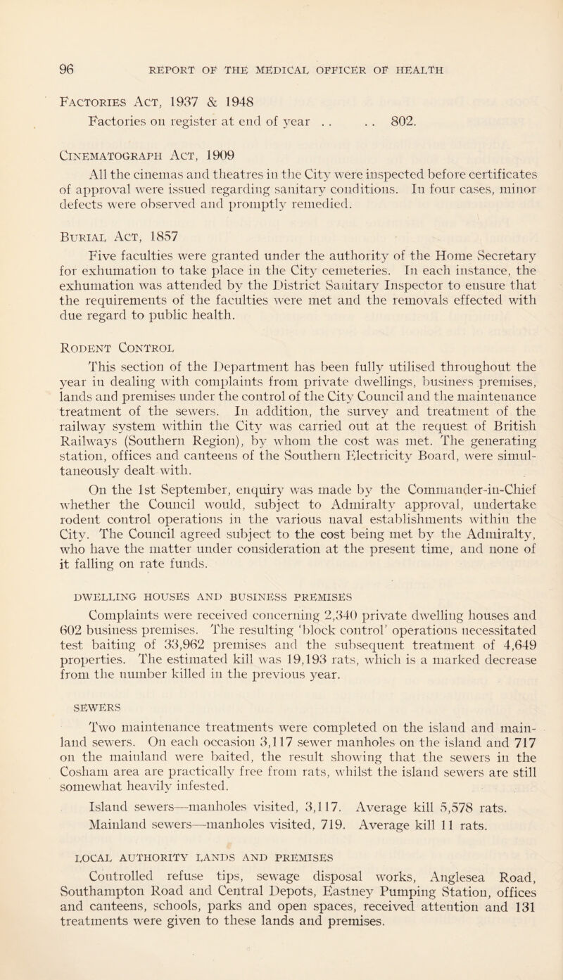 Factories Act, 1937 & 1948 Factories on register at end of year . . . . 802. Cinematograph Act, 1909 All the cinemas and theatres in the City were inspected before certificates of approval were issued regarding sanitary conditions. In four cases, minor defects were observed and promptly remedied. Burial Act, 1857 Five faculties were granted under the authority of the Home Secretary for exhumation to take place in the City cemeteries. In each instance, the exhumation was attended by the District Sanitary Inspector to ensure that the requirements of the faculties were met and the removals effected with due regard to public health. Rodent Control This section of the Department has been fully utilised throughout the year in dealing with complaints from private dwellings, business premises, lands and premises under the control of the City Council and the maintenance treatment of the sewers. In addition, the survey and treatment of the railway system within the City was carried out at the request of British Railways (Southern Region), by whom the cost was met. The generating station, offices and canteens of the Southern Electricity Board, were simul¬ taneously dealt with. On the 1st September, enquiry was made by the Commander-in-Chief whether the Council would, subject to Admiralty approval, undertake rodent control operations in the various naval establishments within the City. The Council agreed subject to the cost being met by the Admiralty, who have the matter under consideration at the present time, and none of it falling on rate funds. dwelling houses and business premises Complaints were received concerning 2,340 private dwelling houses and 602 business premises. The resulting ‘block control’ operations necessitated test baiting of 33,962 premises and the subsequent treatment of 4,649 properties. The estimated kill was 19,193 rats, which is a marked decrease from the number killed in the previous year. SEWERS Two maintenance treatments were completed on the island and main¬ land sewers. On each occasion 3,117 sewer manholes on the island and 717 on the mainland were baited, the result showing that the sewers in the Cosham area are practically free from rats, whilst the island sewers are still somewhat heavily infested. Island sewers—manholes visited, 3,117. Average kill 5,578 rats. Mainland sewers—manholes visited, 719. Average kill 11 rats. LOCAL AUTHORITY LANDS AND PREMISES Controlled refuse tips, sewage disposal works, Anglesea Road, Southampton Road and Central Depots, Eastney Pumping Station, offices and canteens, schools, parks and open spaces, received attention and 131 treatments were given to these lands and premises.